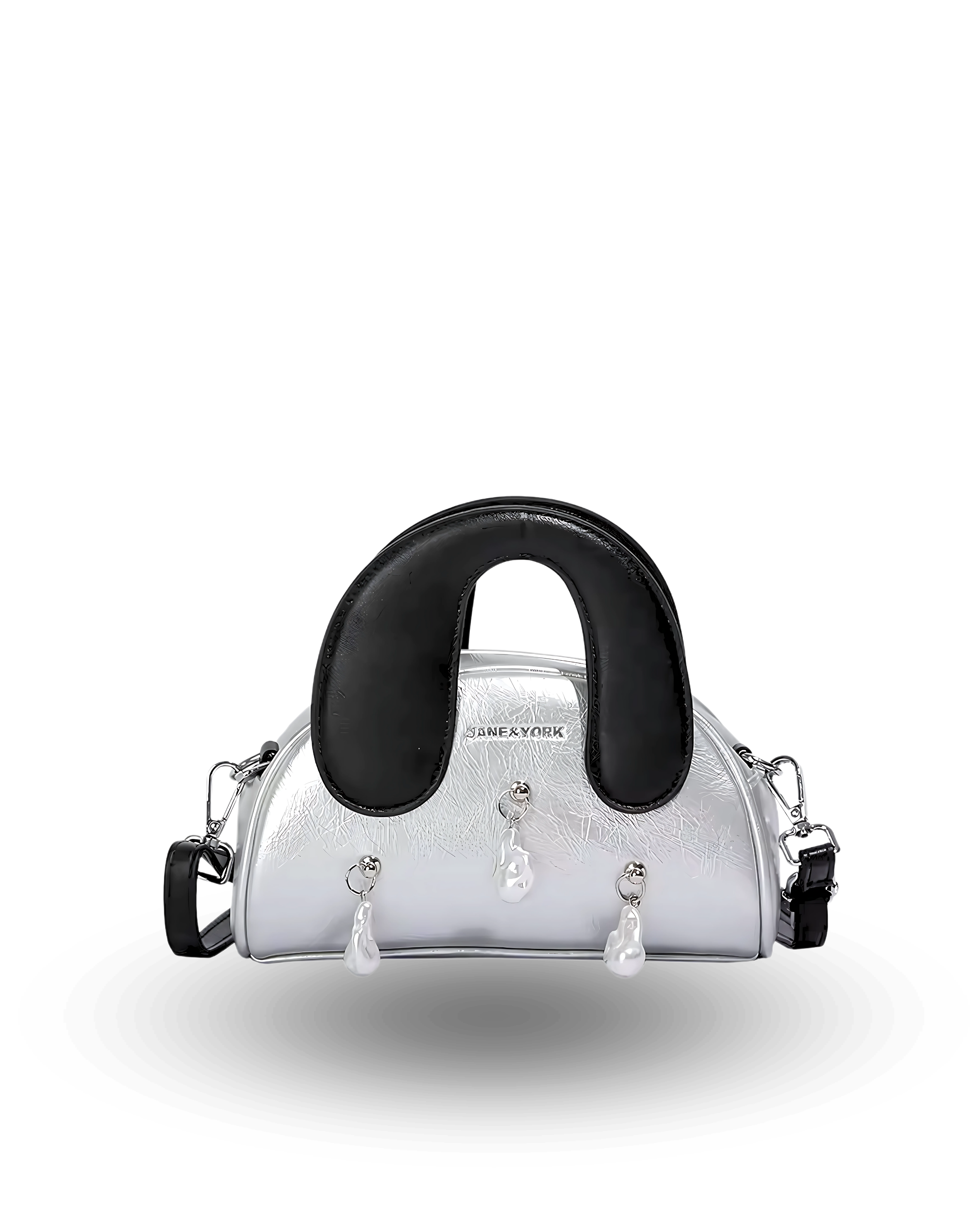 Silver handbag with black handle on a white background