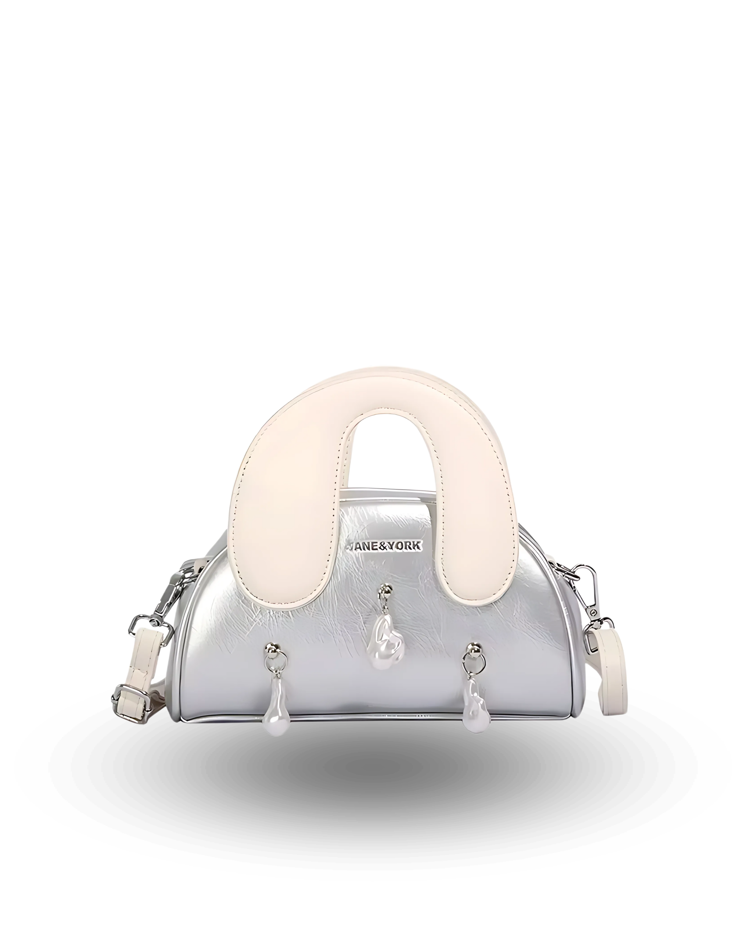 Silver handbag with a white handle on a white background
