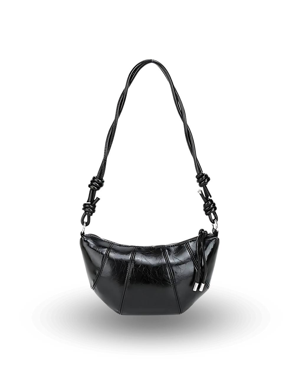 Black handbag with braided handle on a white background