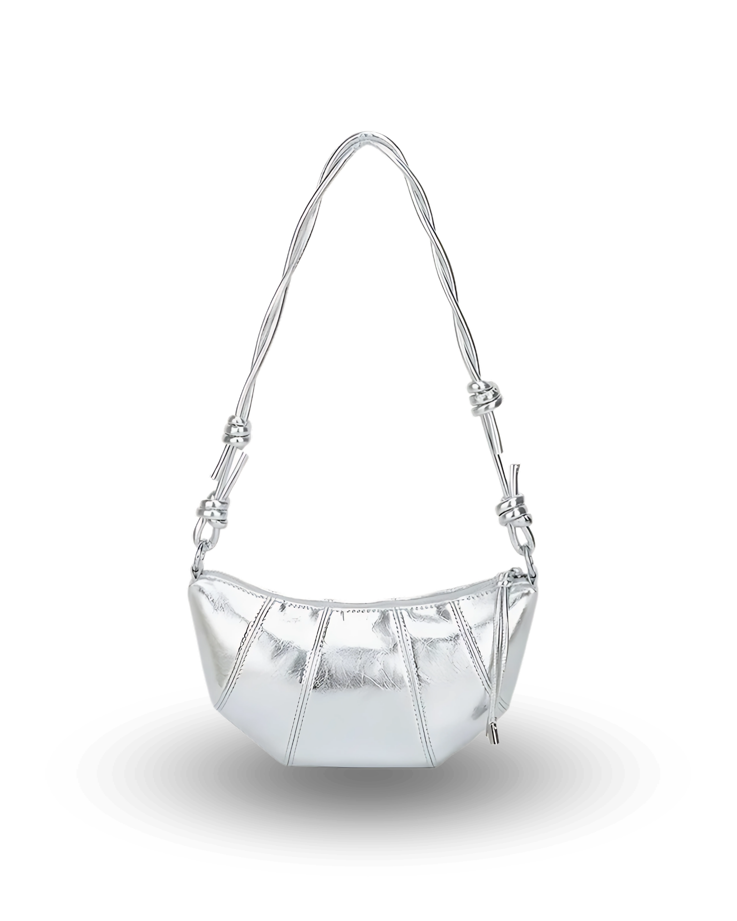 Silver handbag with a strap on a white background