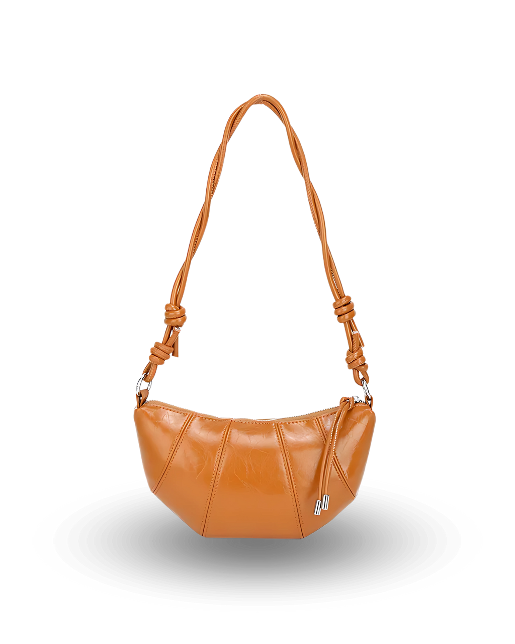 Brown leather handbag with a strap on a white background