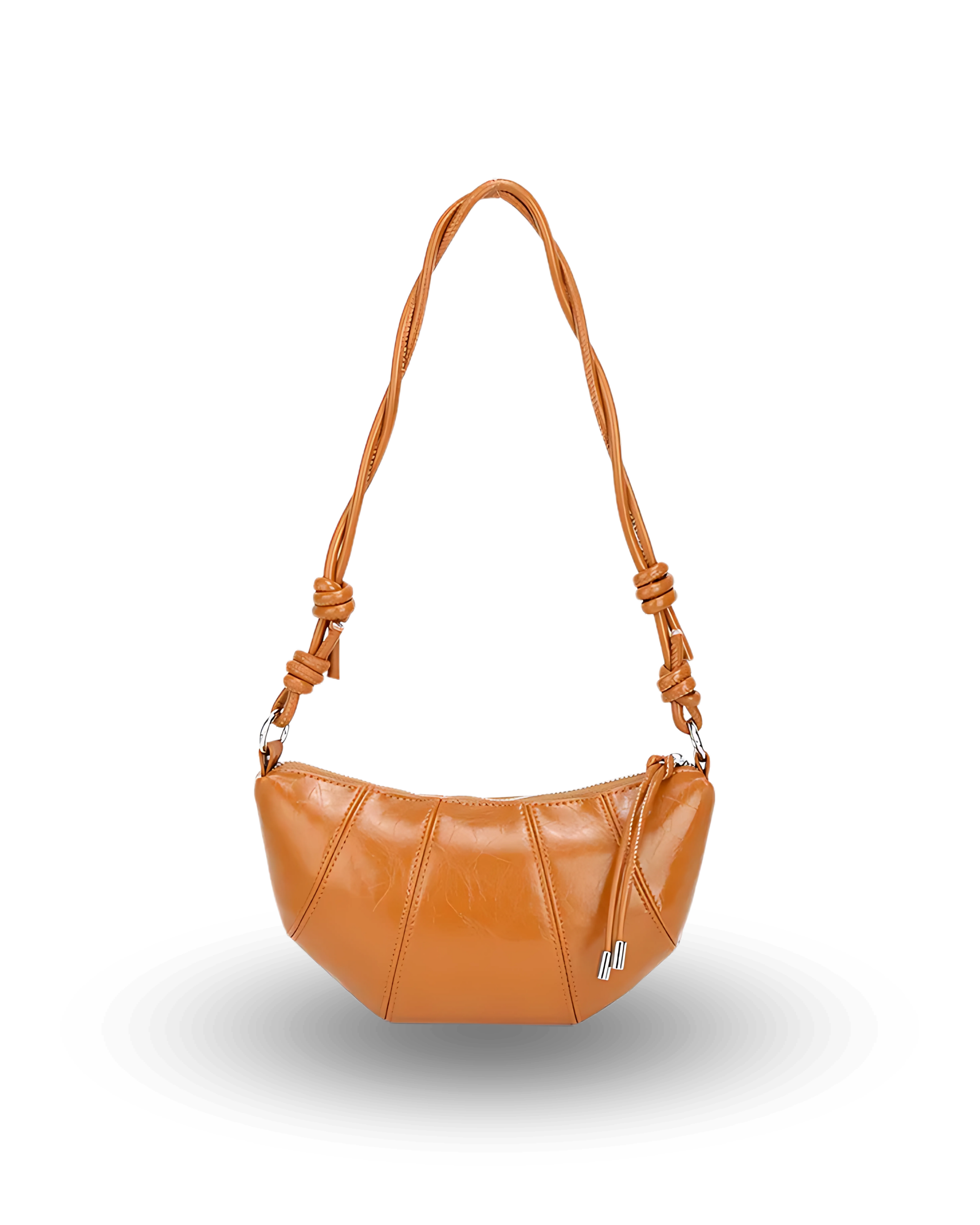 Brown leather handbag with a strap on a white background