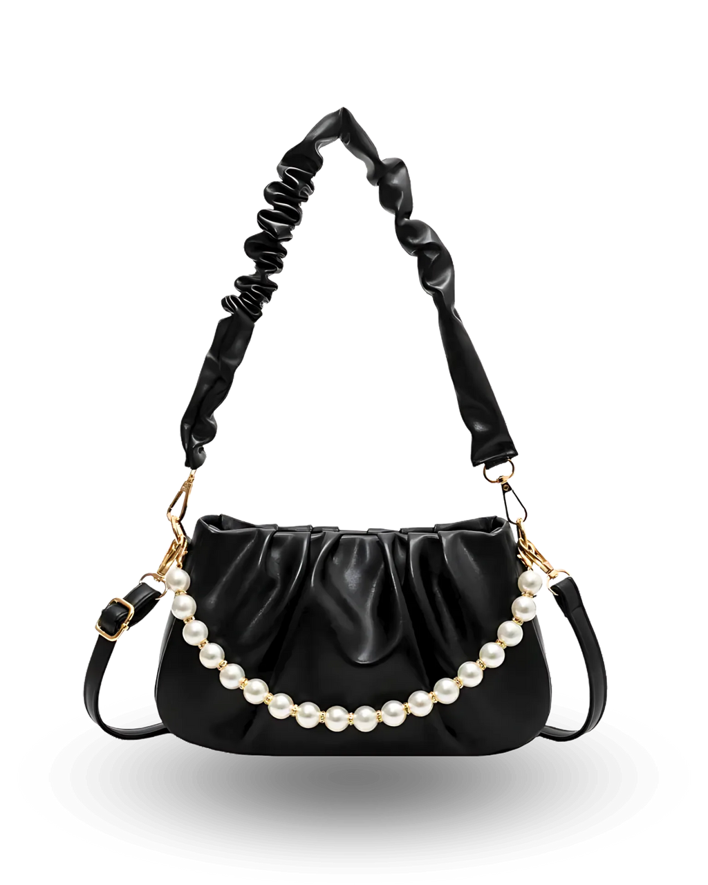 Romantic Black ruched shoulder bag with pearl chain accent, scrunch strap, and feminine pastel design.
