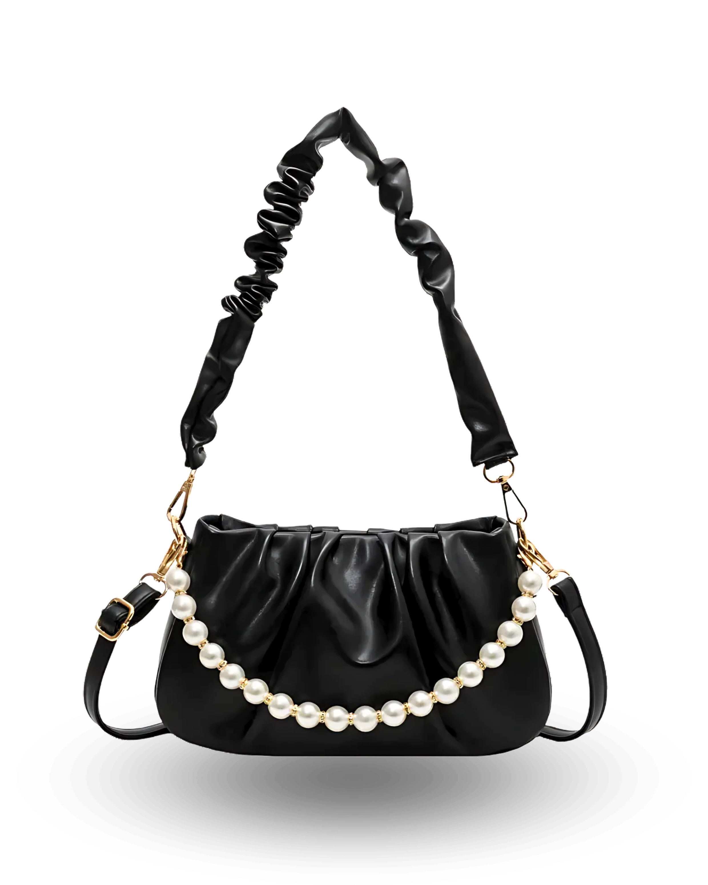 Romantic Black ruched shoulder bag with pearl chain accent, scrunch strap, and feminine pastel design.