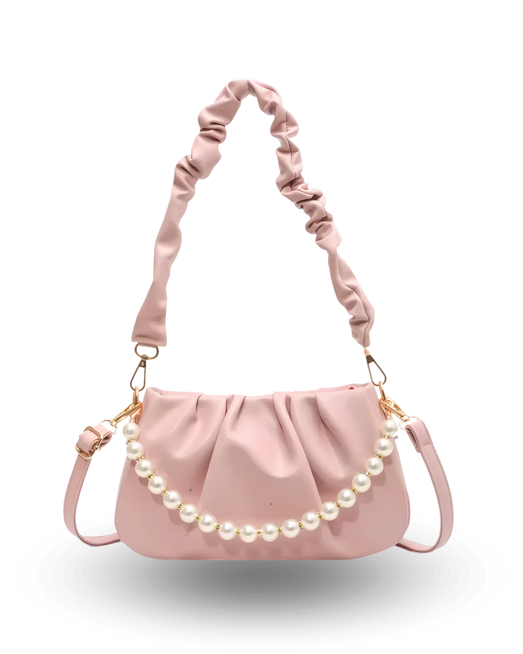 Romantic blush pink ruched shoulder bag with pearl chain detail, scrunch strap, and elegant feminine design