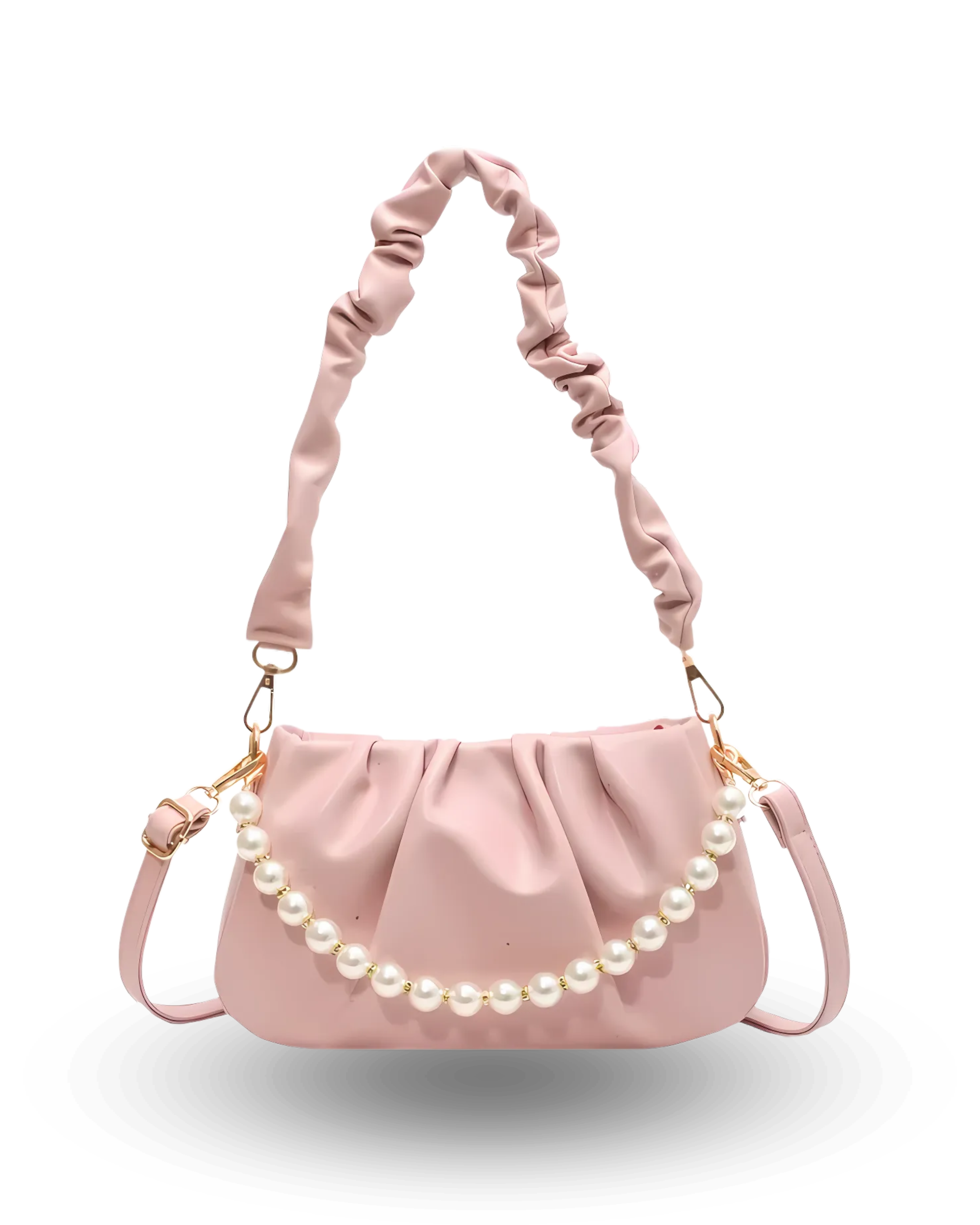 Romantic blush pink ruched shoulder bag with pearl chain detail, scrunch strap, and elegant feminine design