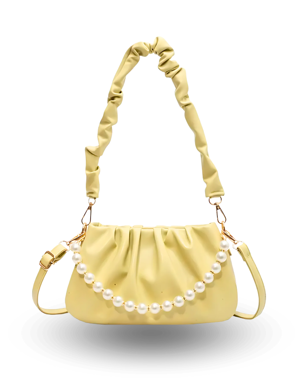 Elegant pastel yellow ruched shoulder bag with pearl chain accent, scrunch strap, and feminine modern design.