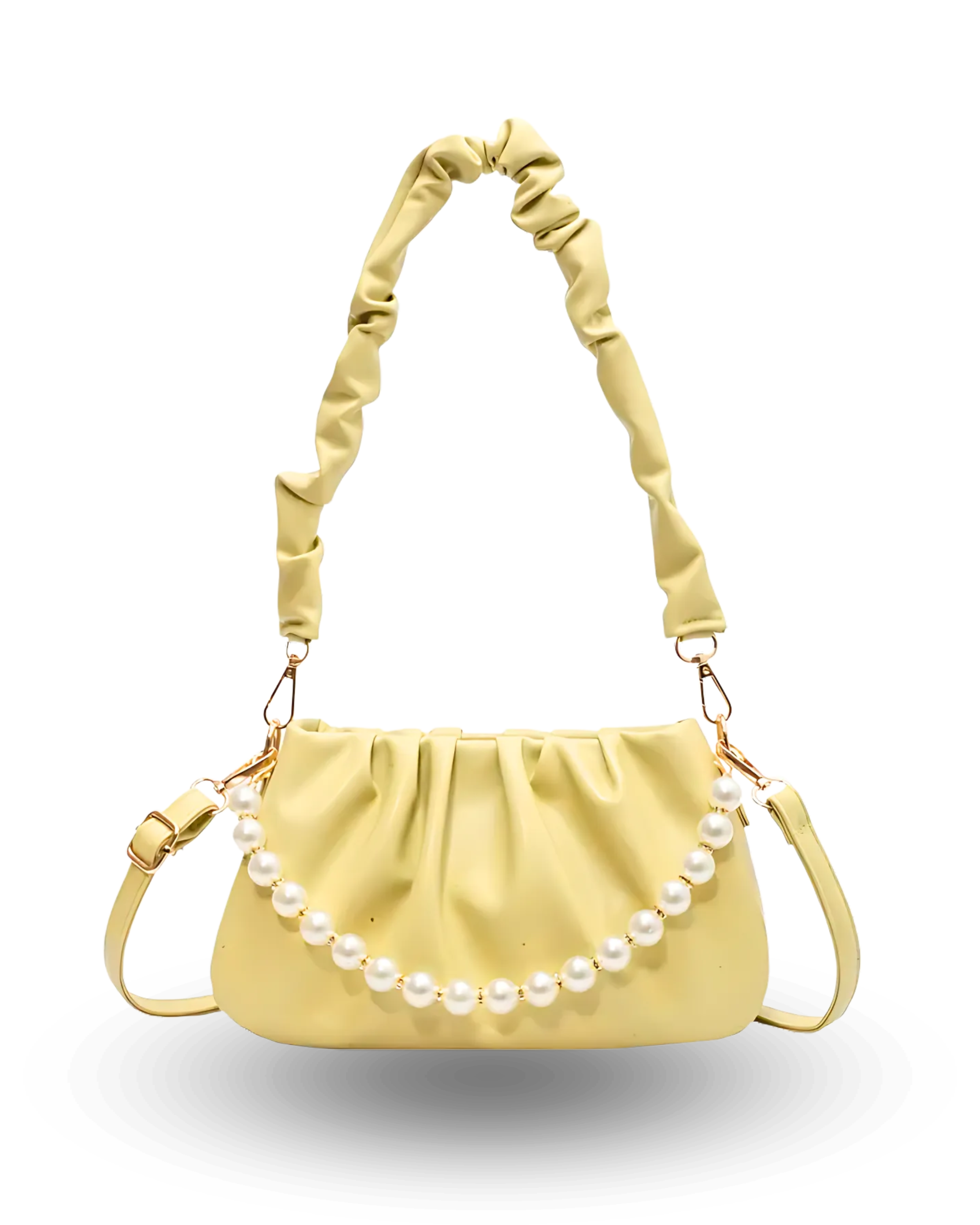 Elegant pastel yellow ruched shoulder bag with pearl chain accent, scrunch strap, and feminine modern design.