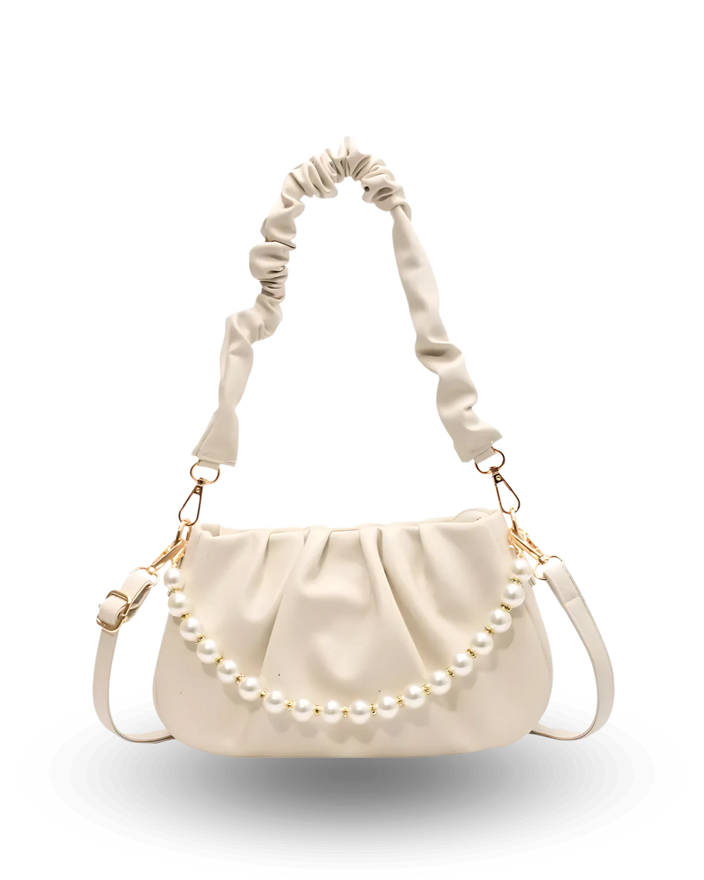 Chic cream ruched shoulder bag with pearl chain detail, scrunch strap, and elegant minimalist design