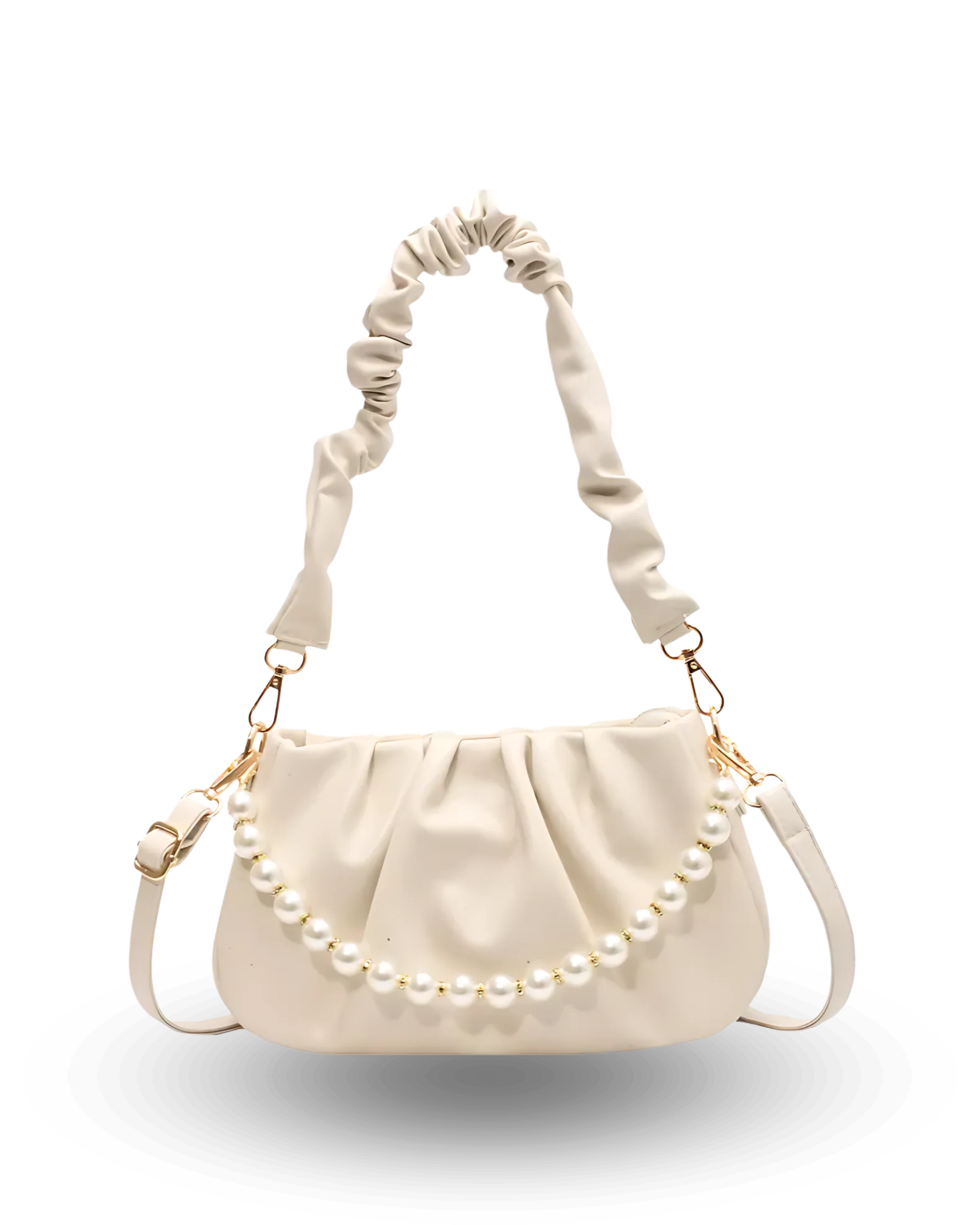 Chic cream ruched shoulder bag with pearl chain detail, scrunch strap, and elegant minimalist design