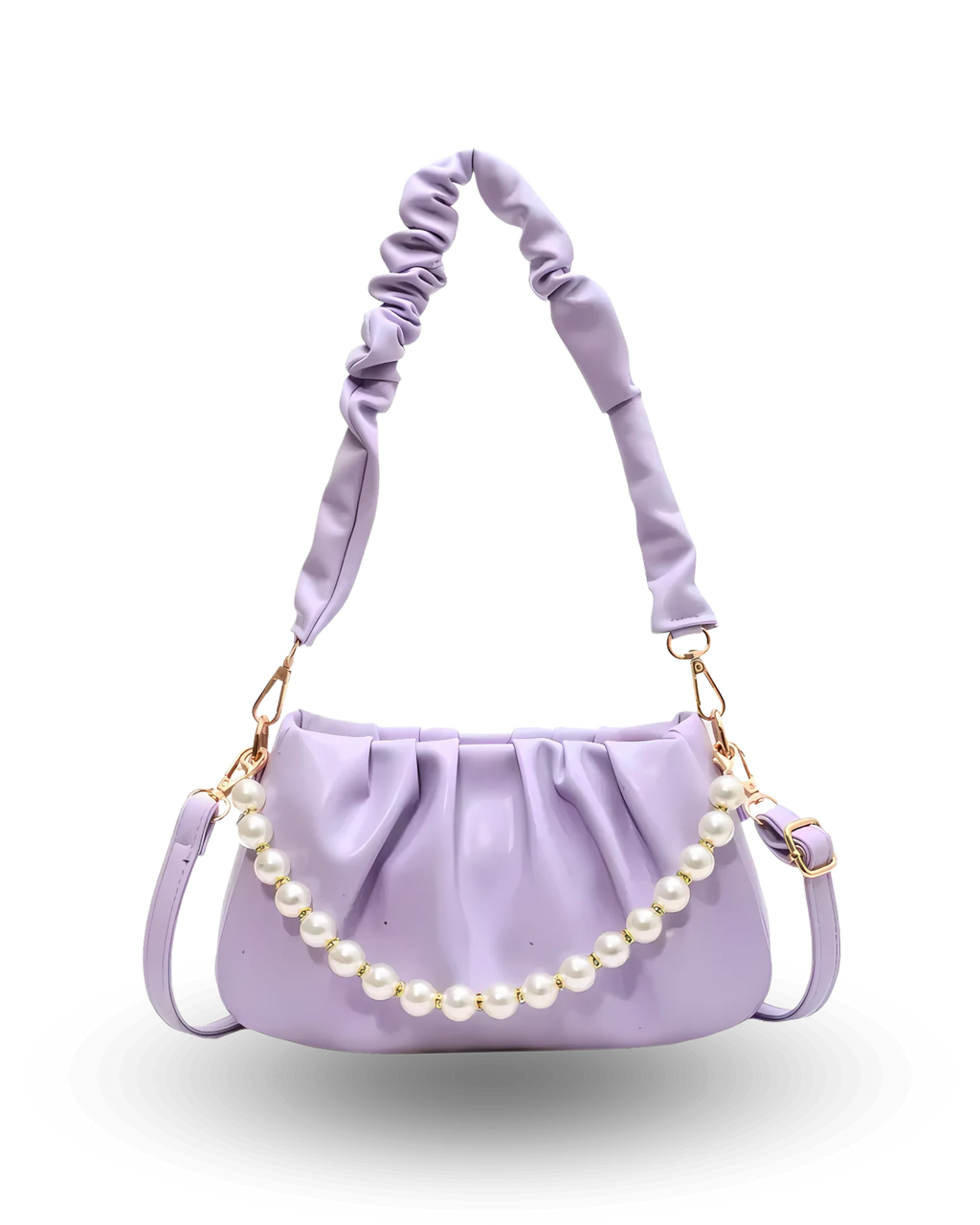 Romantic lavender ruched shoulder bag with pearl chain accent, scrunch strap, and feminine pastel design.