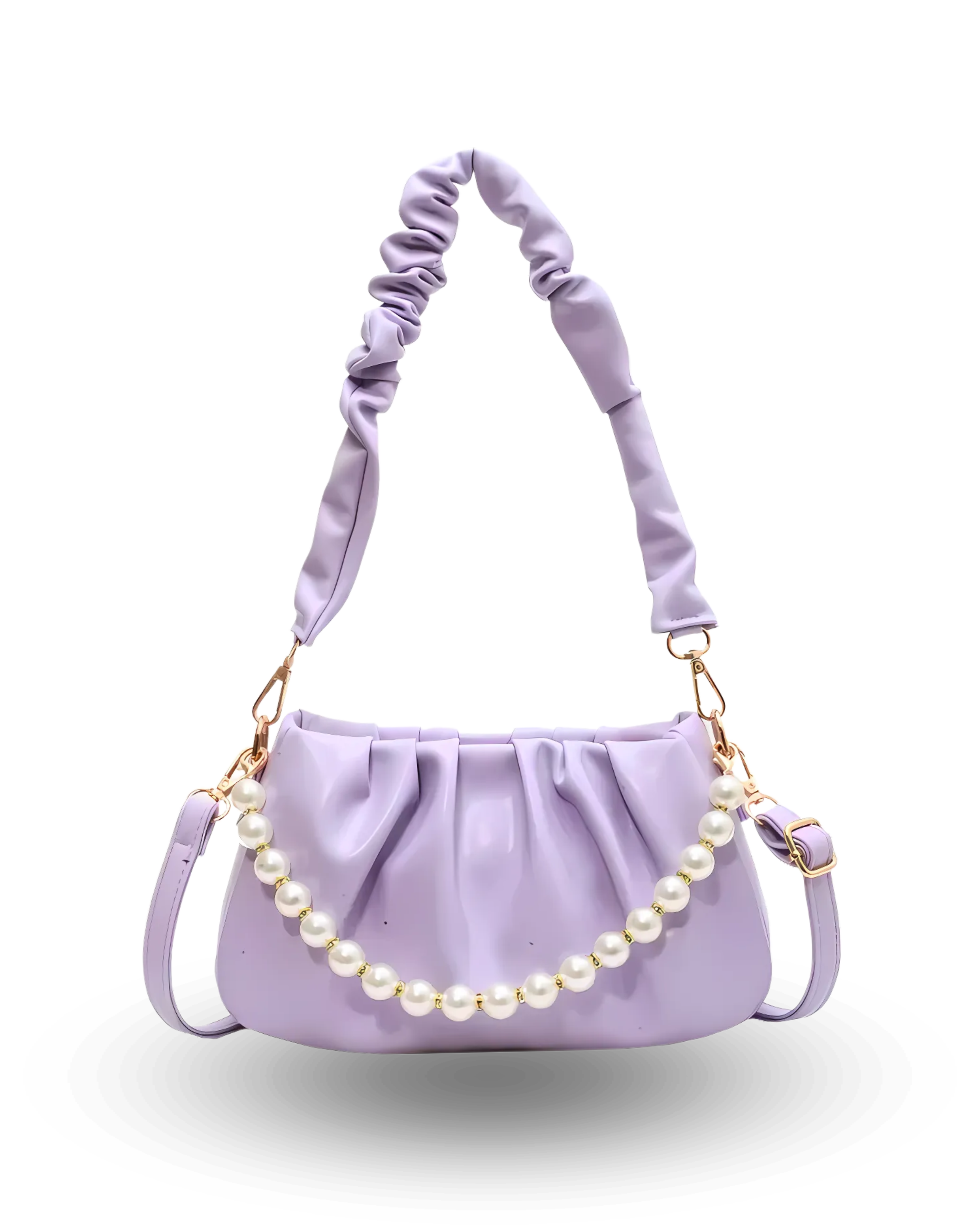 Romantic lavender ruched shoulder bag with pearl chain accent, scrunch strap, and feminine pastel design.