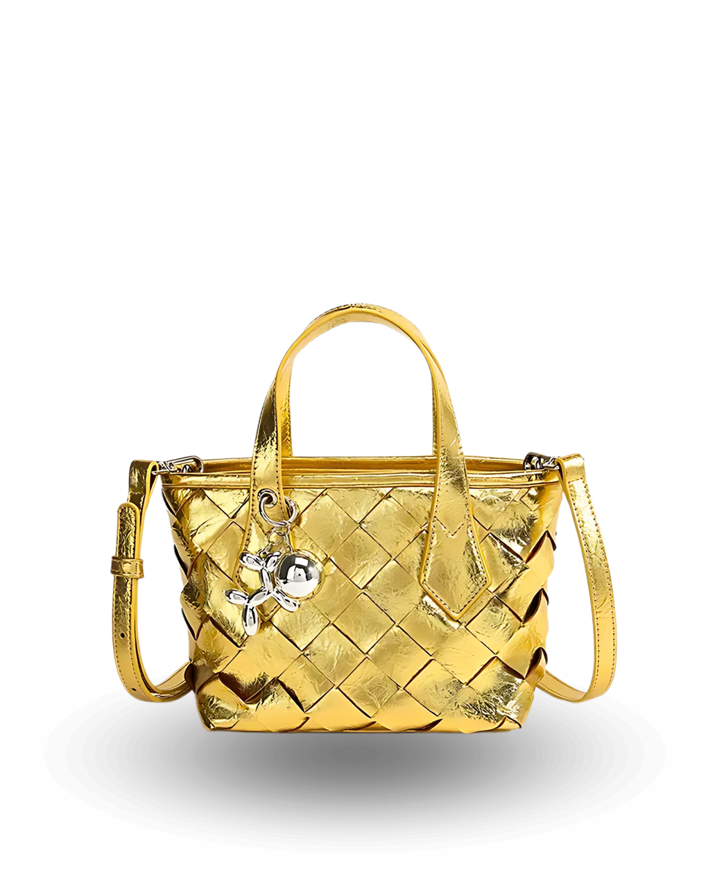 Gold quilted handbag with dual top handles, detachable crossbody strap, and silver charm keychain accent.