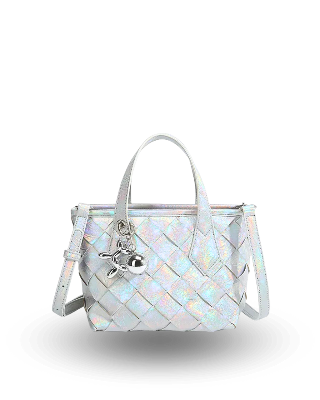 iridescent quilted handbag with dual top handles, detachable crossbody strap, and silver charm keychain accent.