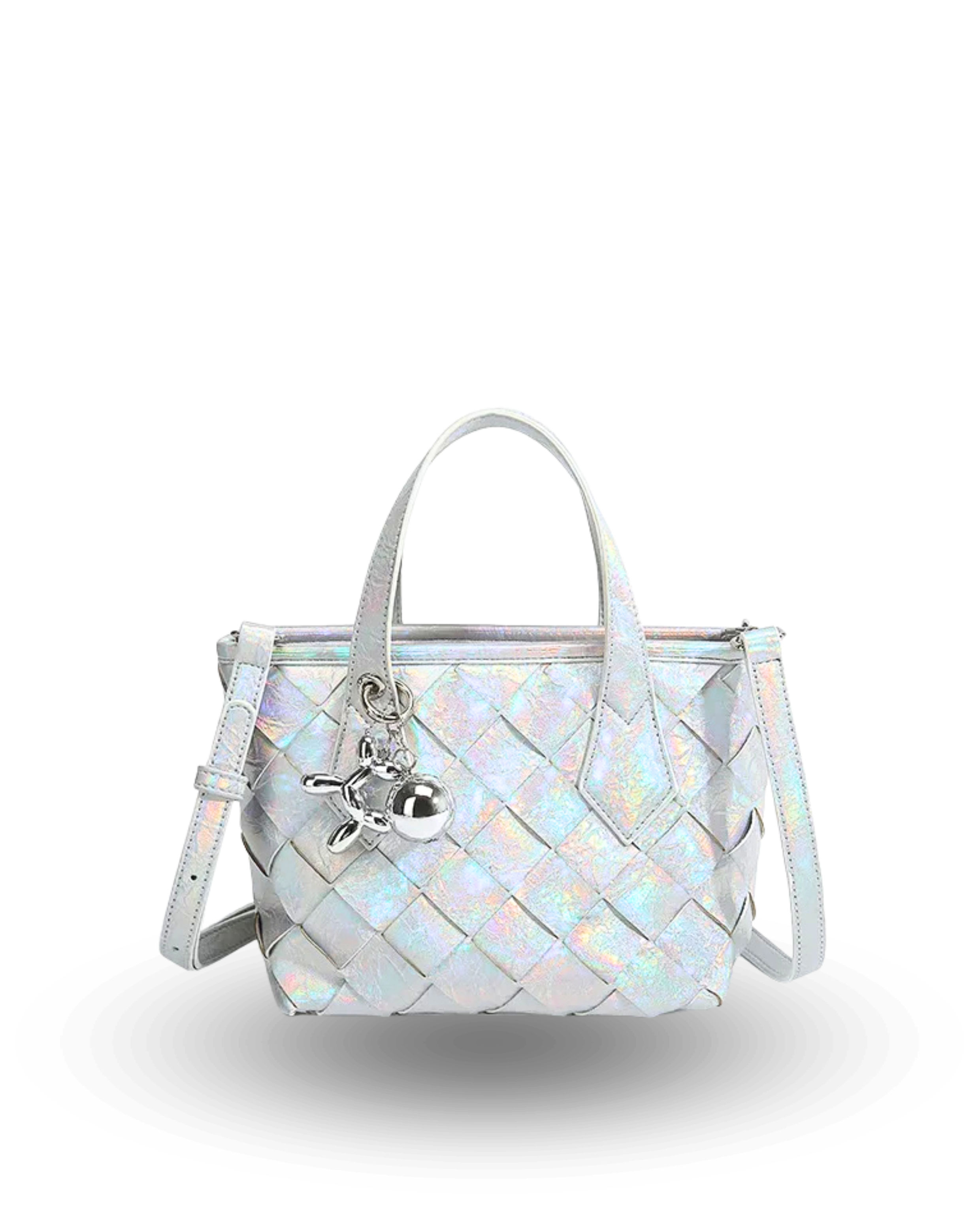 iridescent quilted handbag with dual top handles, detachable crossbody strap, and silver charm keychain accent.