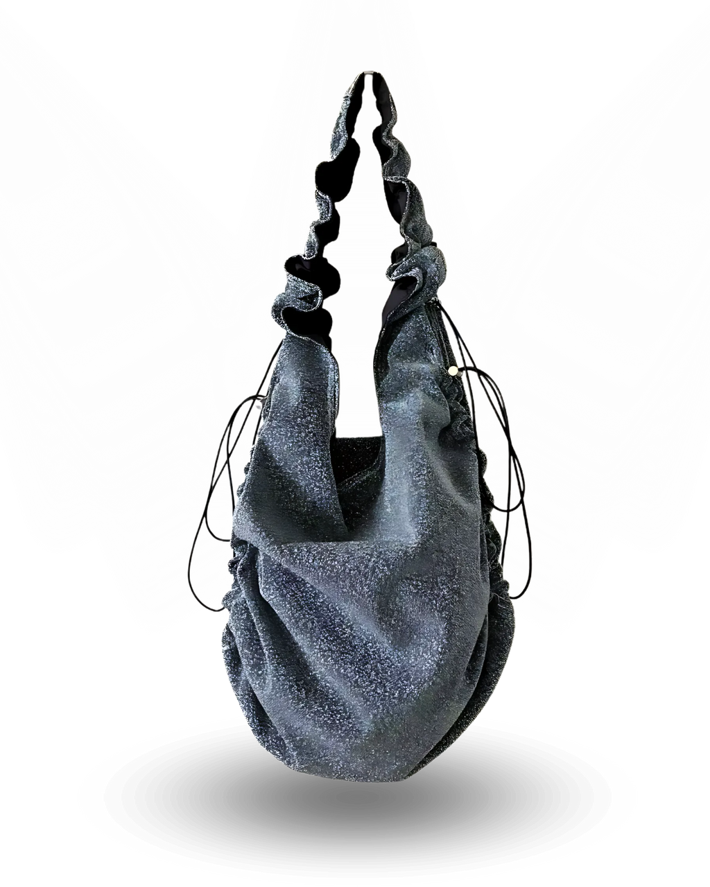 Trendy glitter ruched hobo bag with ruffled shoulder strap, soft slouchy design, and drawstring sides — stylish oversized handbag for casual chic everyday wear.