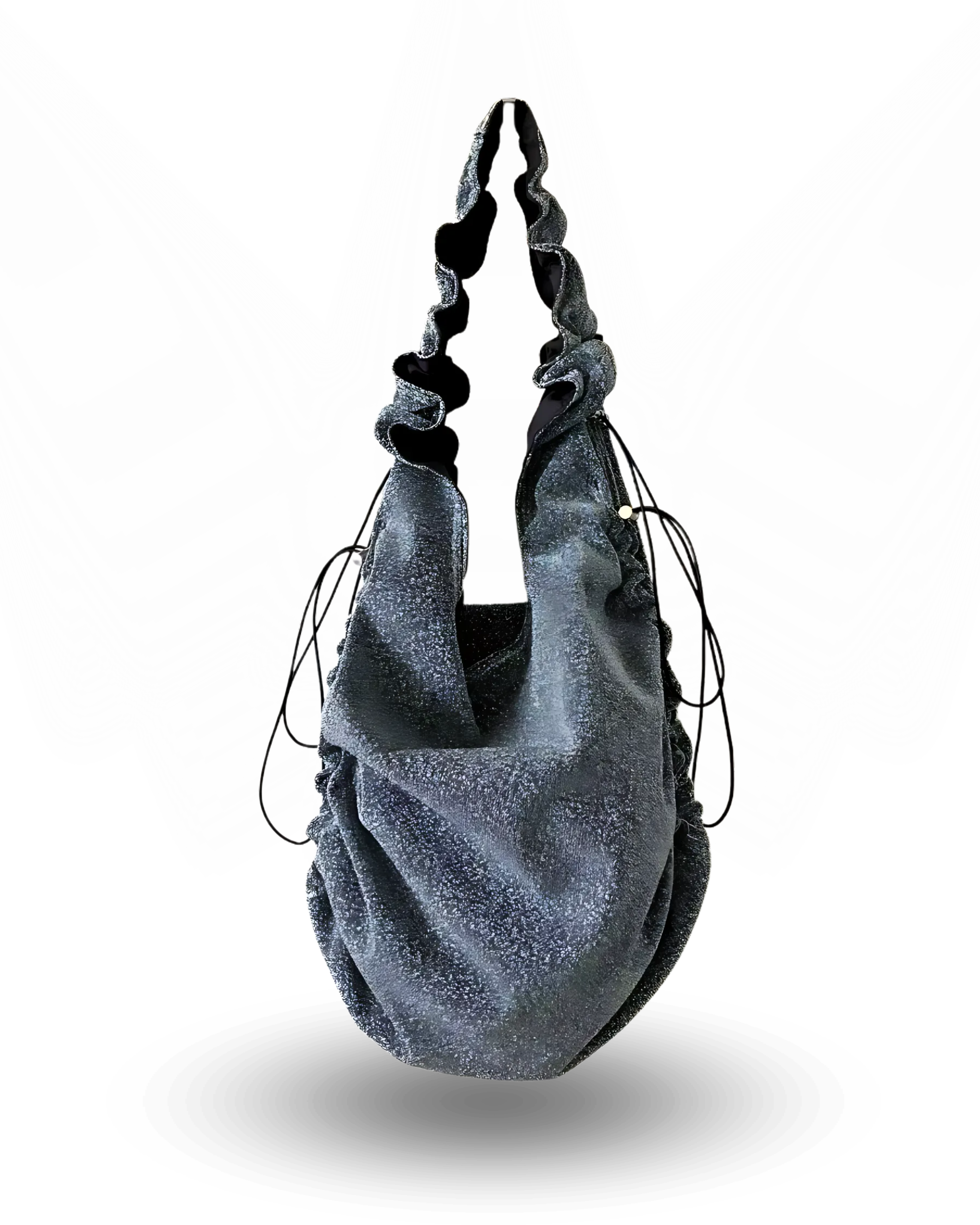 Trendy glitter ruched hobo bag with ruffled shoulder strap, soft slouchy design, and drawstring sides — stylish oversized handbag for casual chic everyday wear.