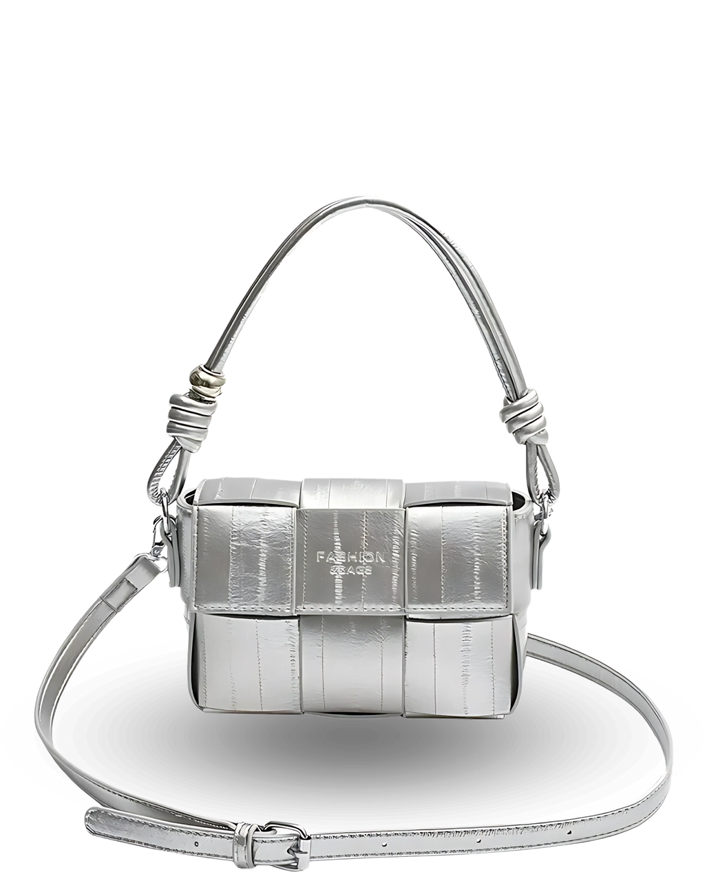 Silver handbag with woven design on a white background