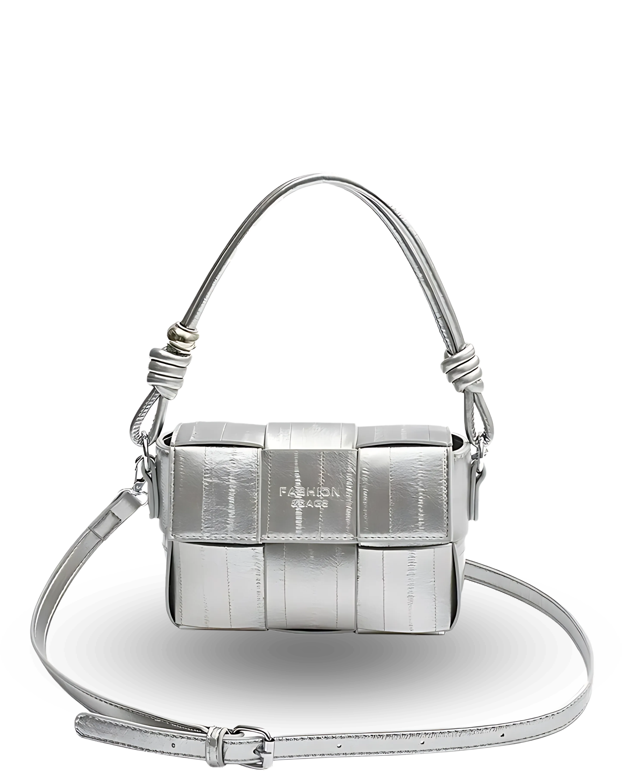 Silver handbag with woven design on a white background