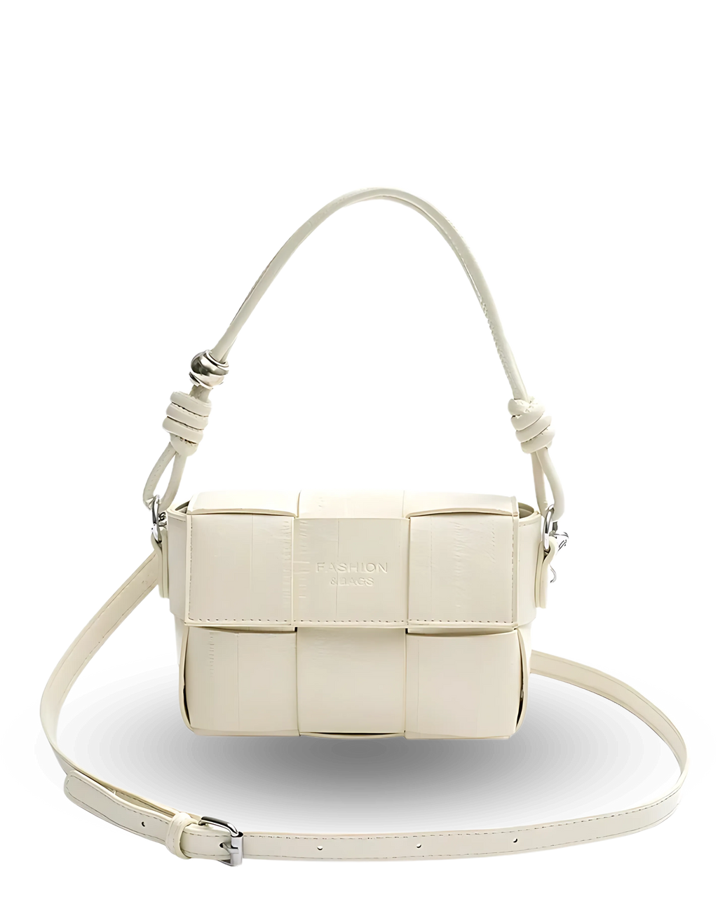 White woven handbag with a strap on a white background