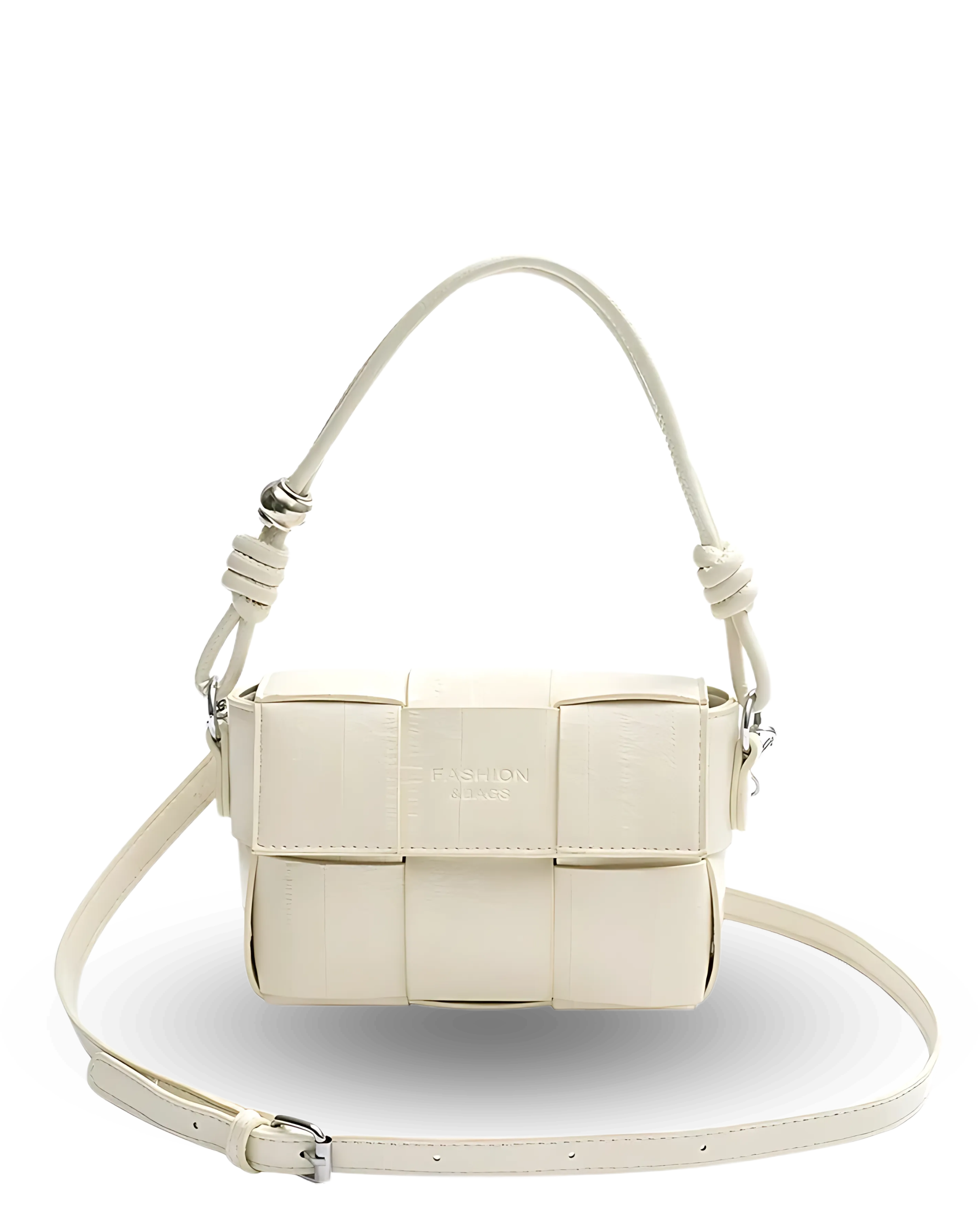 White woven handbag with a strap on a white background