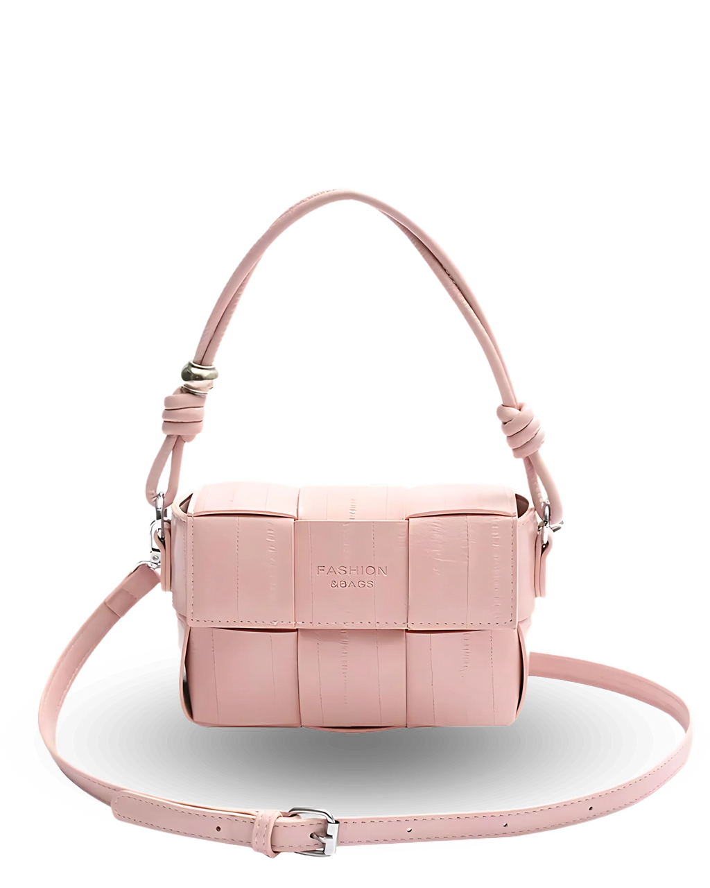 Pink woven handbag with a strap on a white background