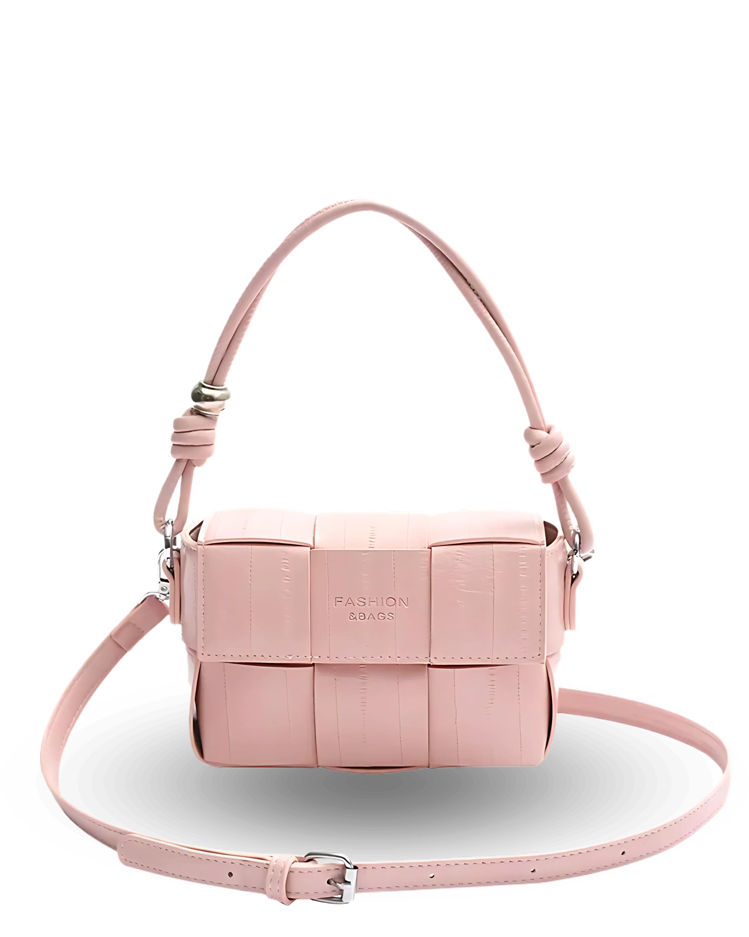 Pink woven handbag with a strap on a white background