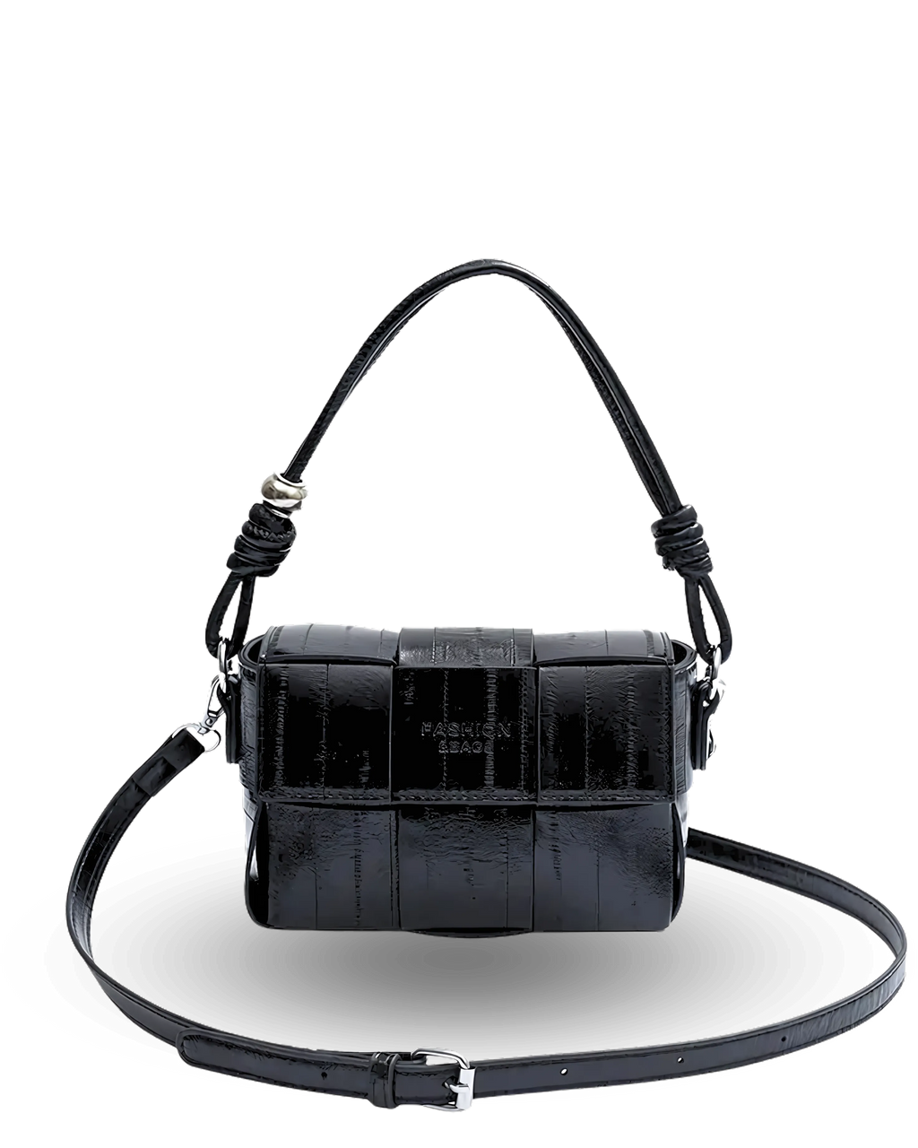 Black handbag with textured surface and braided handle on a white background