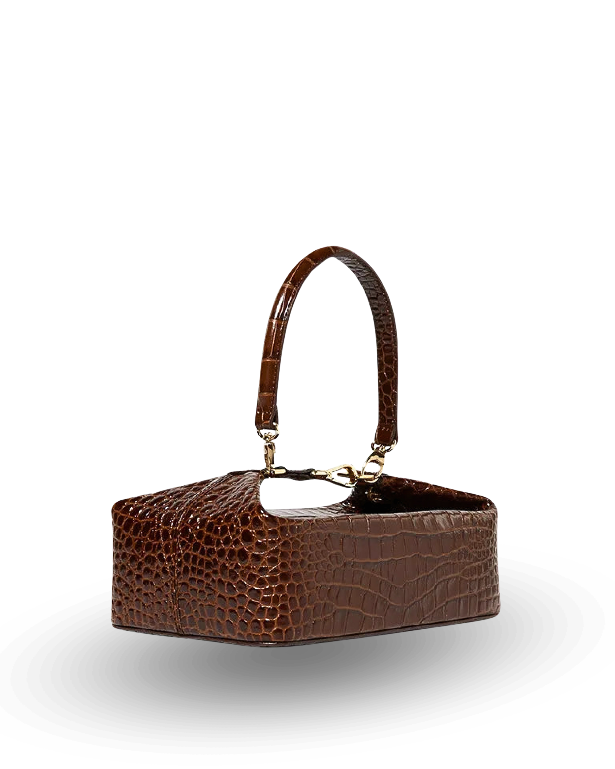 Brown crocodile-patterned handbag on a white background