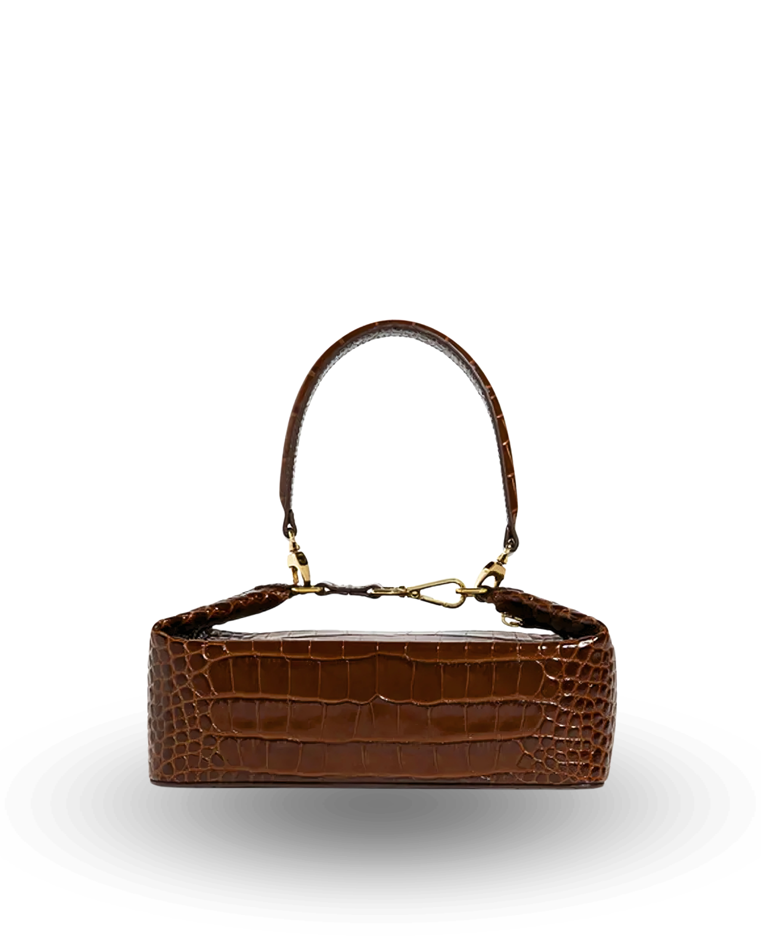 Brown handbag with gold chain handle on a white background