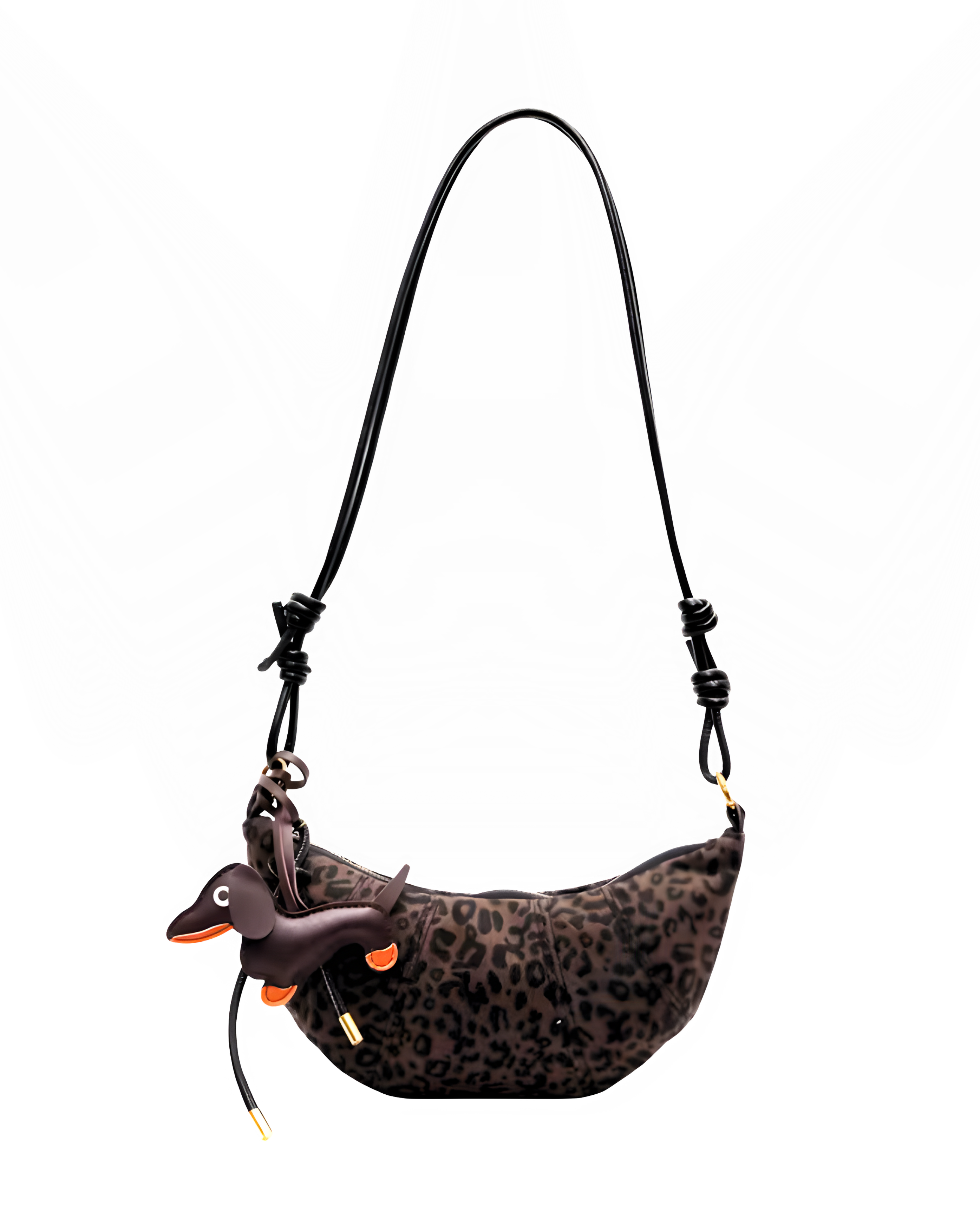 Leopard print crossbody bag with black leather strap and dachshund dog charm accessory