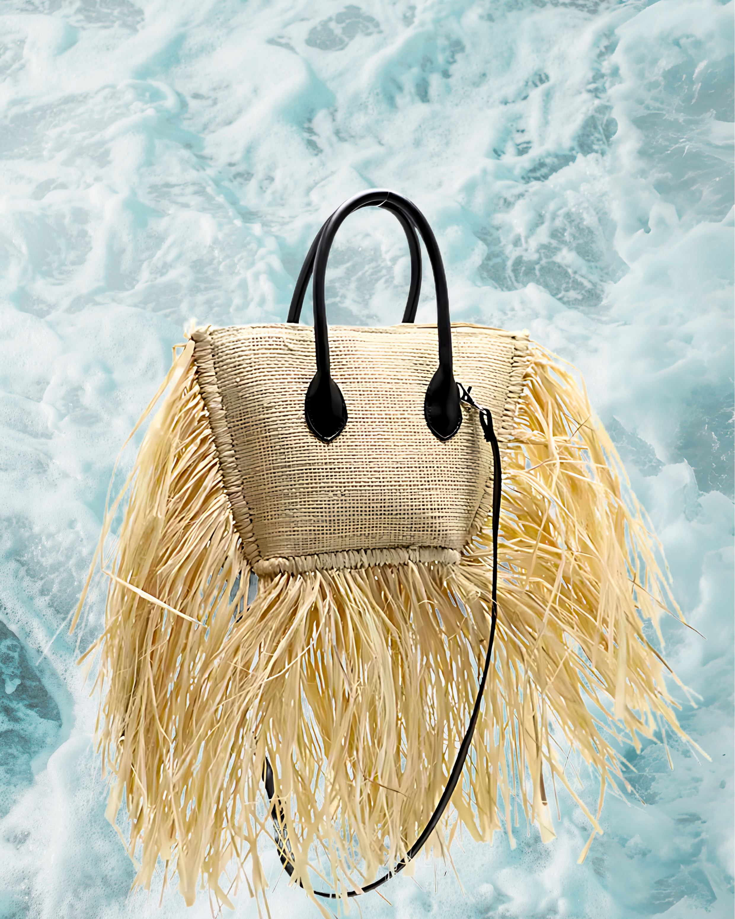 Trapezoid-shaped woven straw handbag with long flowing raffia fringe along the sides and bottom, structured flat base, and dual black leather top handles