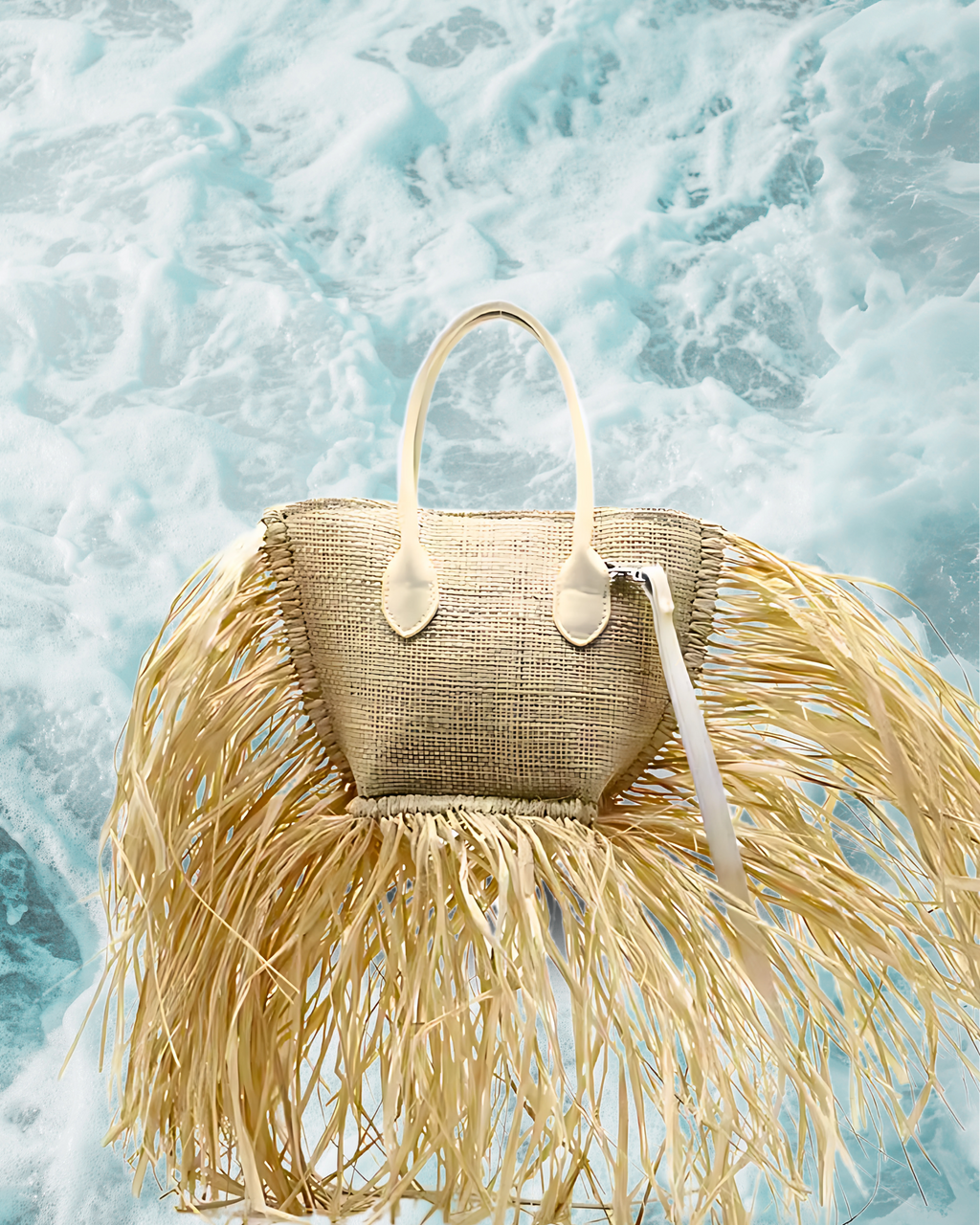Trapezoid-shaped woven straw handbag with long flowing raffia fringe along the sides and bottom, structured flat base, and dual white leather top handles