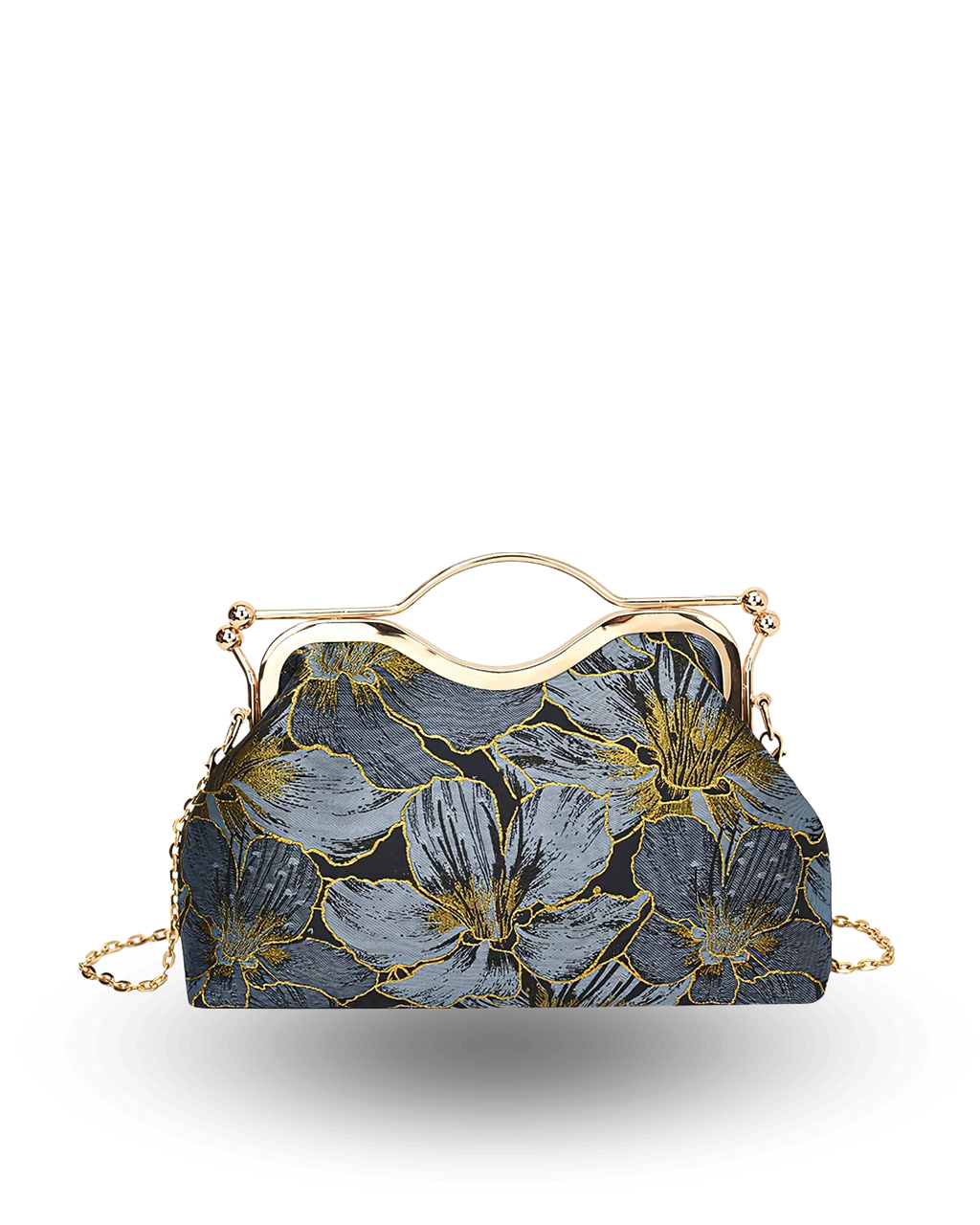 Elegant black clutch handbag with gold metal handle, blue and gold floral embroidery, and detachable chain strap.