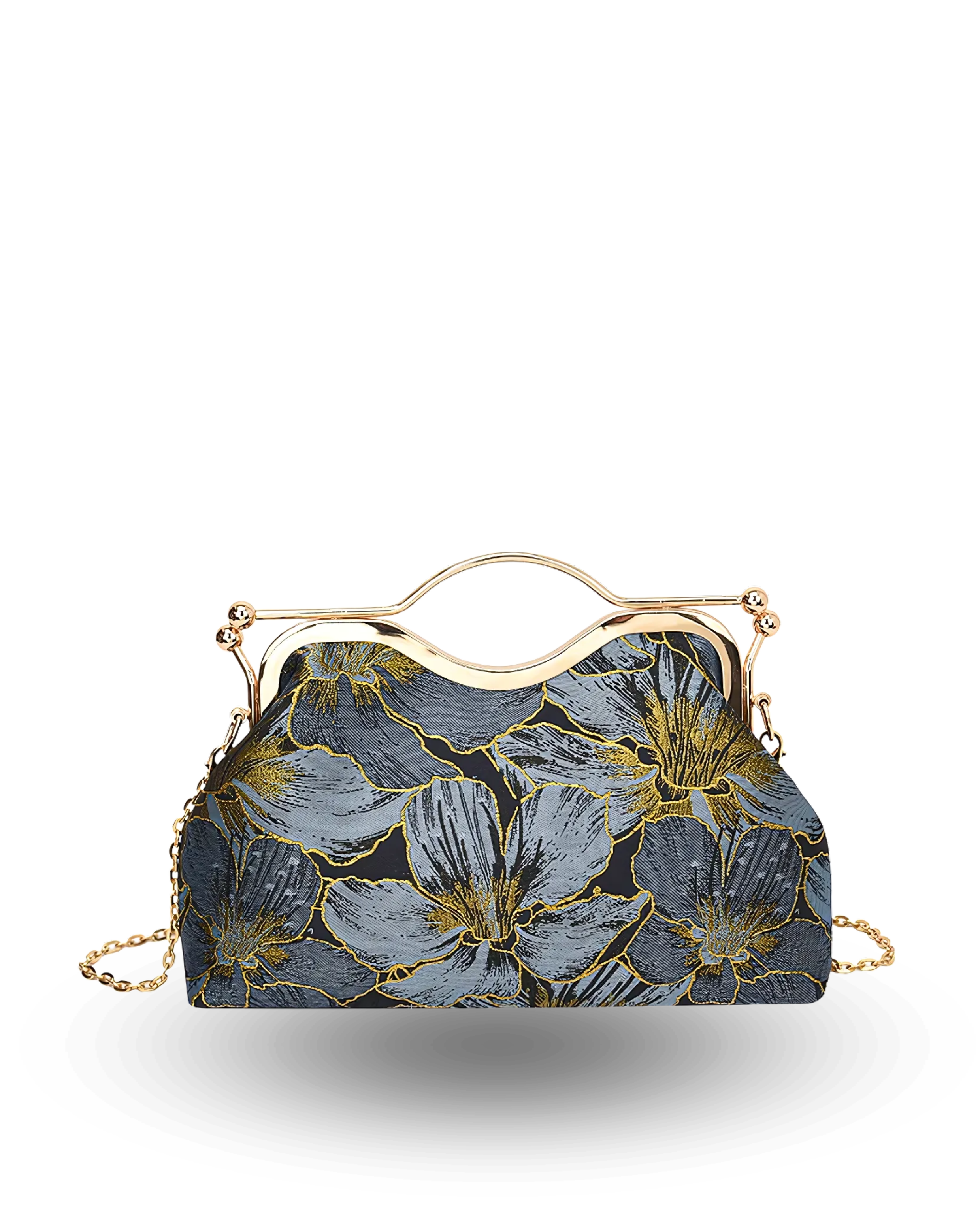 Elegant black clutch handbag with gold metal handle, blue and gold floral embroidery, and detachable chain strap.