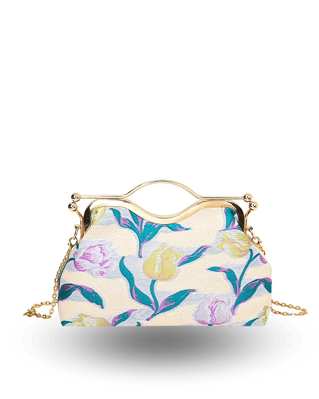 Cream clutch handbag with gold metal handle, embroidered yellow and pink tulip floral design, and detachable chain strap.