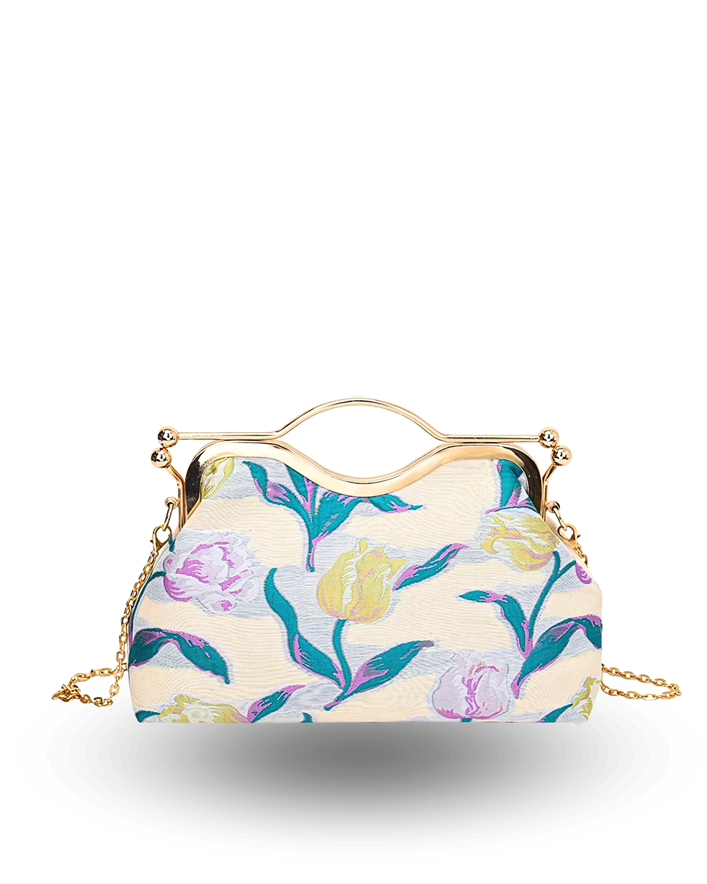 Cream clutch handbag with gold metal handle, embroidered yellow and pink tulip floral design, and detachable chain strap.
