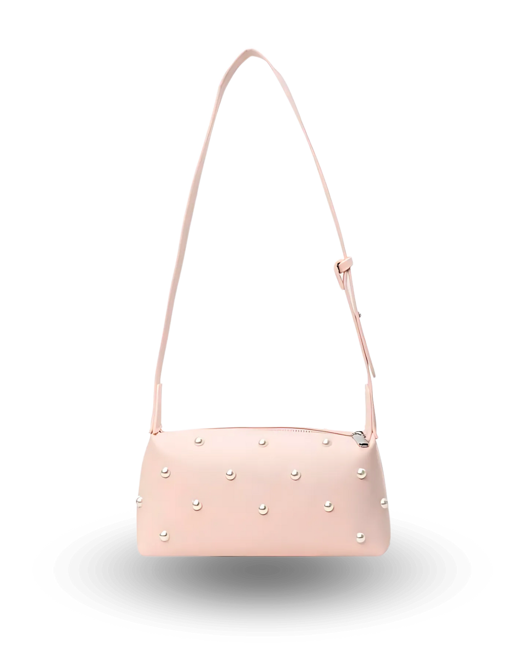 Stylish pink shoulder bag with rectangular baguette shape, adjustable wide strap, and pearl-studded detailing — chic crossbody purse for women, perfect for casual or evening wear.