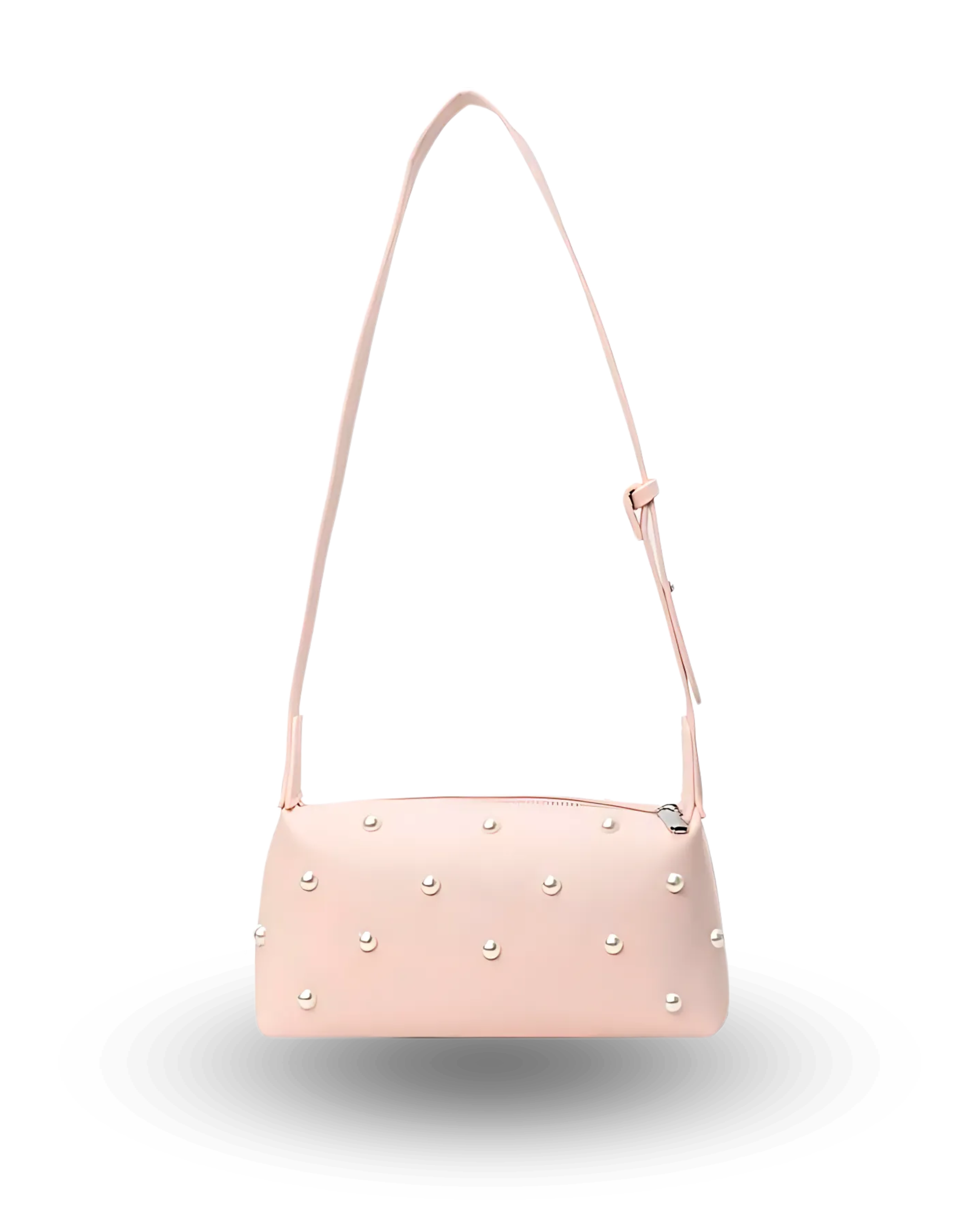 Stylish pink shoulder bag with rectangular baguette shape, adjustable wide strap, and pearl-studded detailing — chic crossbody purse for women, perfect for casual or evening wear.