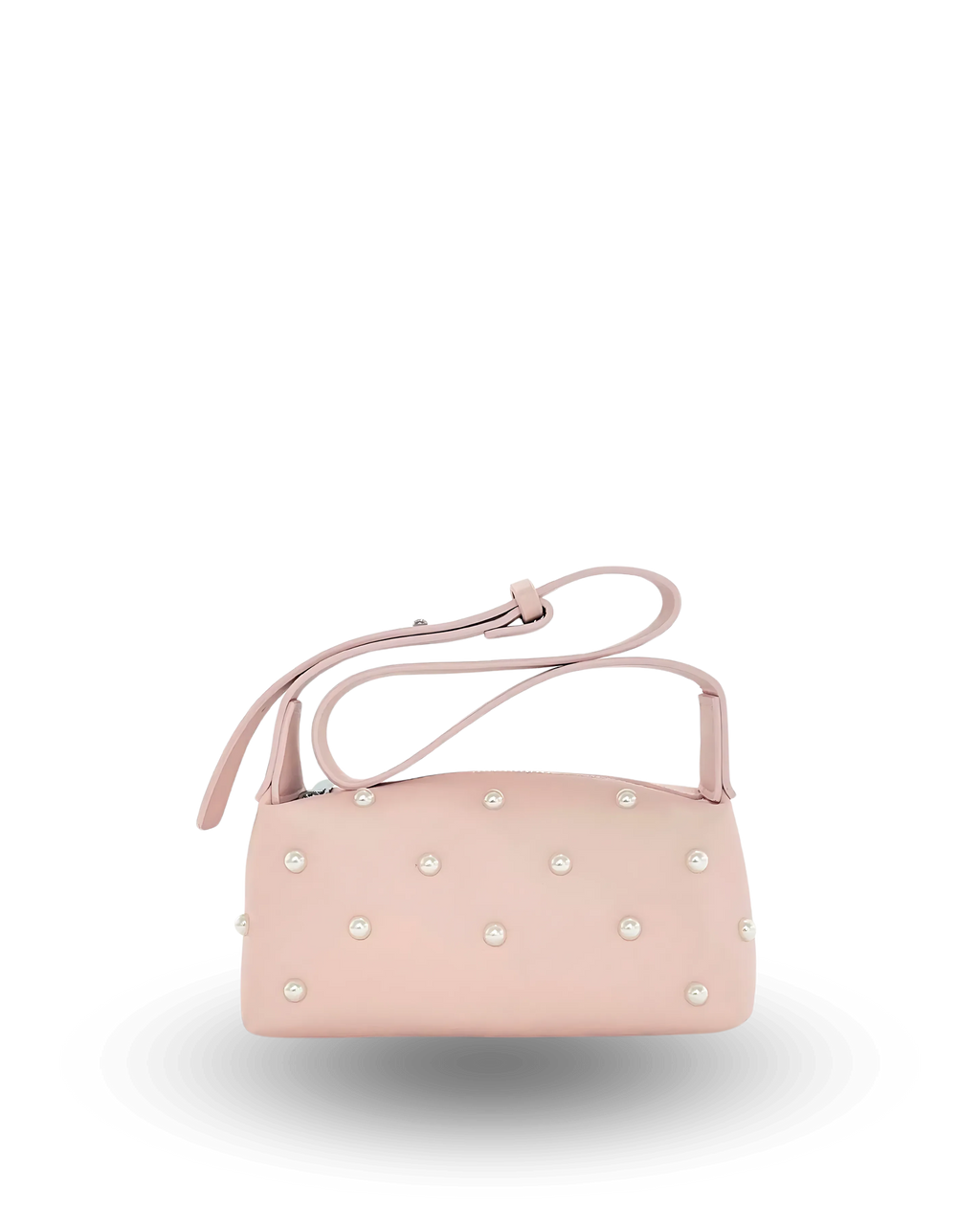 Stylish pink shoulder bag with rectangular baguette shape, adjustable wide strap, and pearl-studded detailing — chic crossbody purse for women, perfect for casual or evening wear.