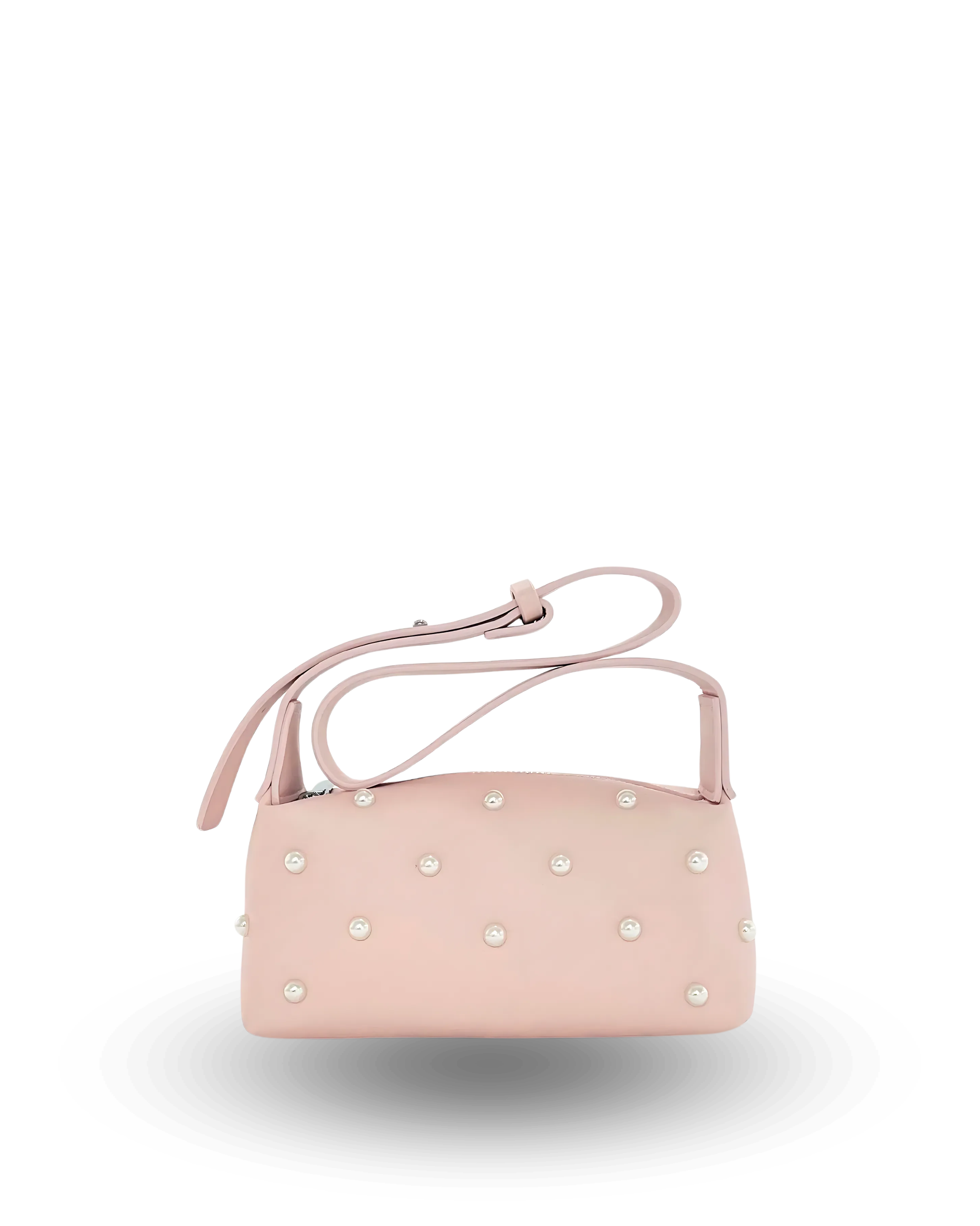 Stylish pink shoulder bag with rectangular baguette shape, adjustable wide strap, and pearl-studded detailing — chic crossbody purse for women, perfect for casual or evening wear.