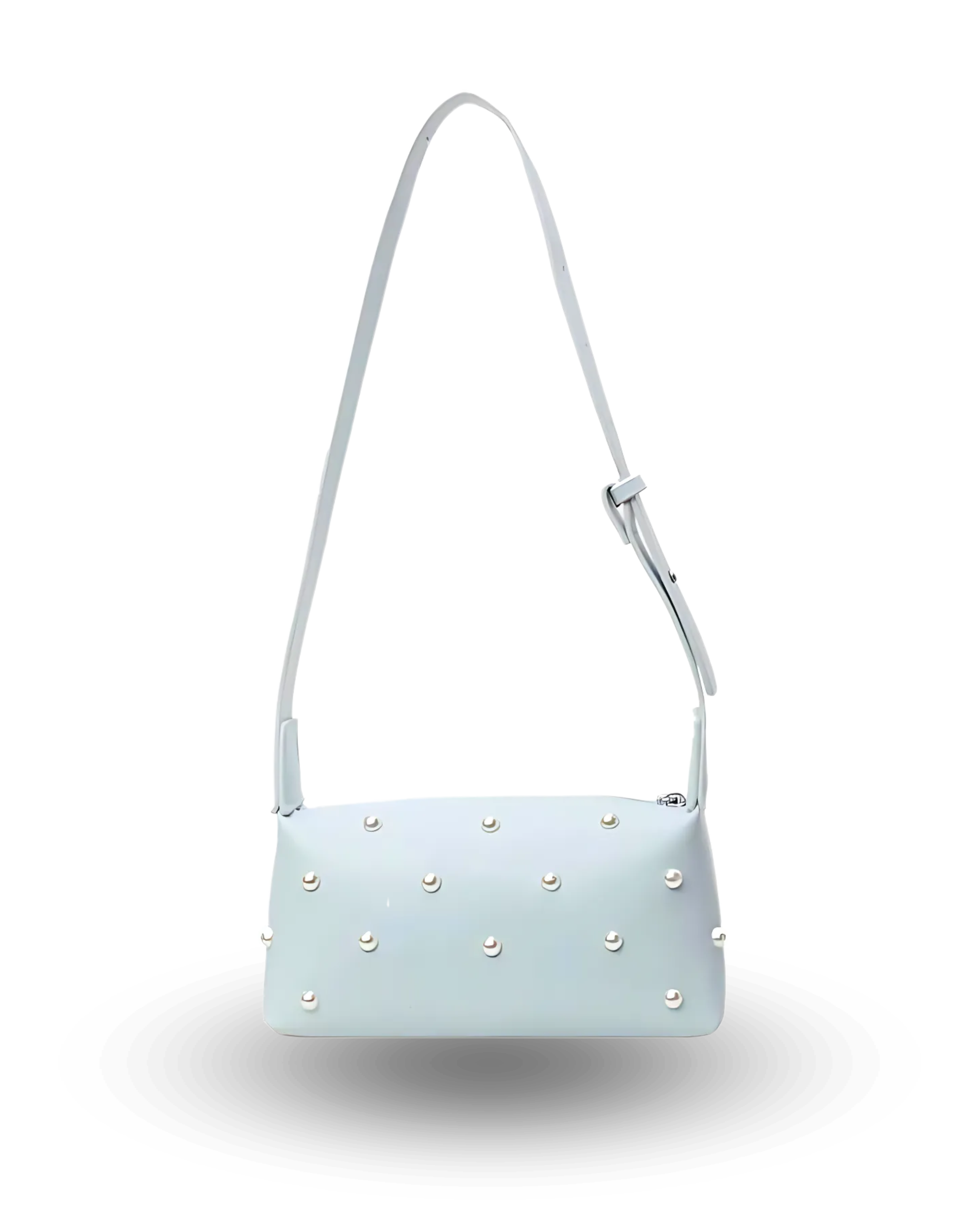 Stylish light blue shoulder bag with rectangular baguette shape, adjustable wide strap, and pearl-studded detailing — chic crossbody purse for women, perfect for casual or evening wear.