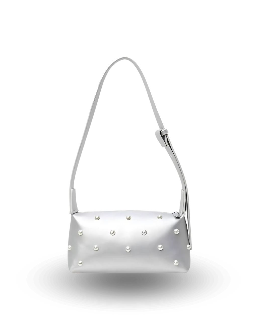 Stylish silver shoulder bag with rectangular baguette shape, adjustable wide strap, and pearl-studded detailing — chic crossbody purse for women, perfect for casual or evening wear.