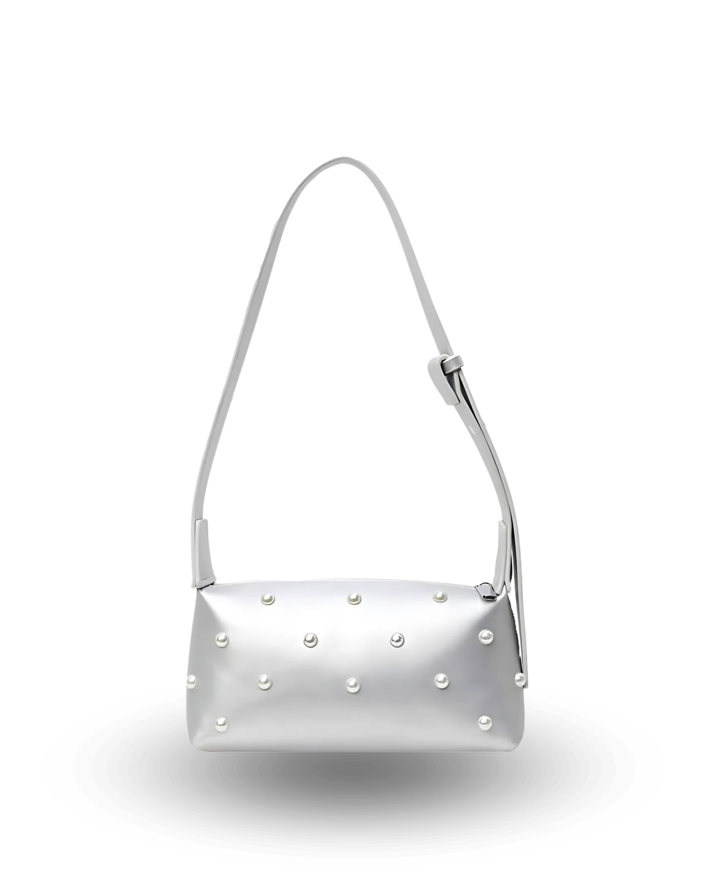 Stylish silver shoulder bag with rectangular baguette shape, adjustable wide strap, and pearl-studded detailing — chic crossbody purse for women, perfect for casual or evening wear.