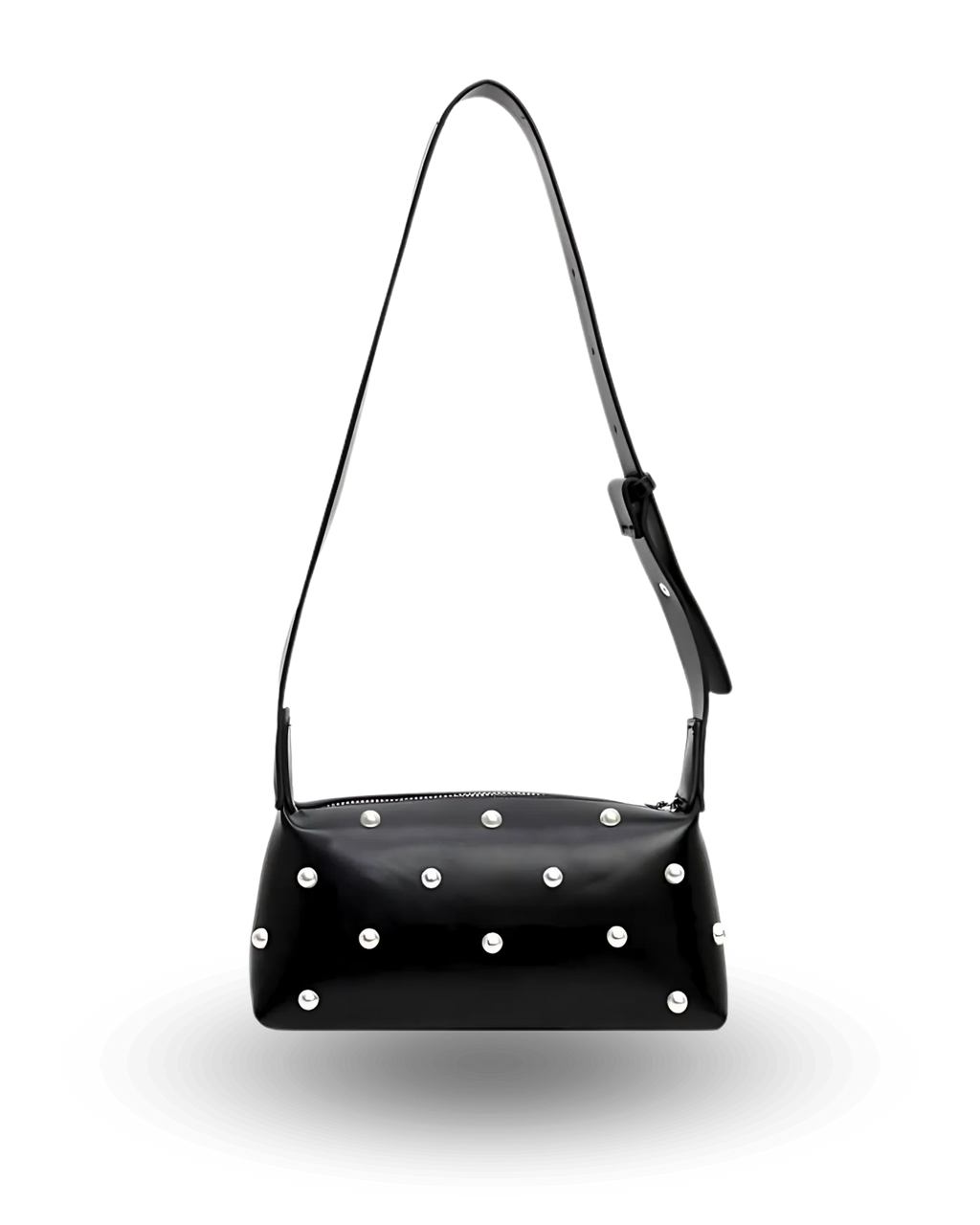 Stylish black shoulder bag with rectangular baguette shape, adjustable wide strap, and pearl-studded detailing — chic crossbody purse for women, perfect for casual or evening wear.