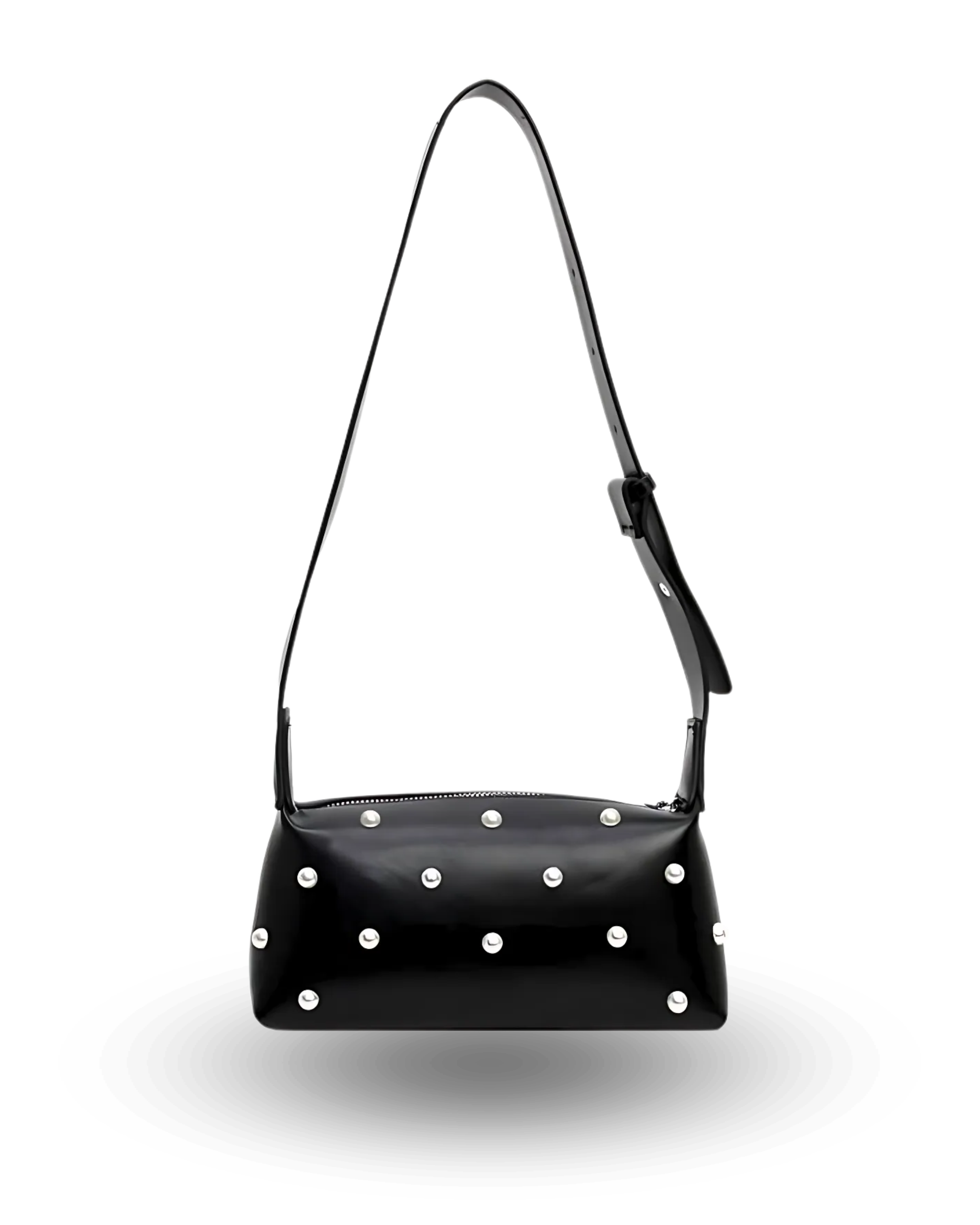 Stylish black shoulder bag with rectangular baguette shape, adjustable wide strap, and pearl-studded detailing — chic crossbody purse for women, perfect for casual or evening wear.