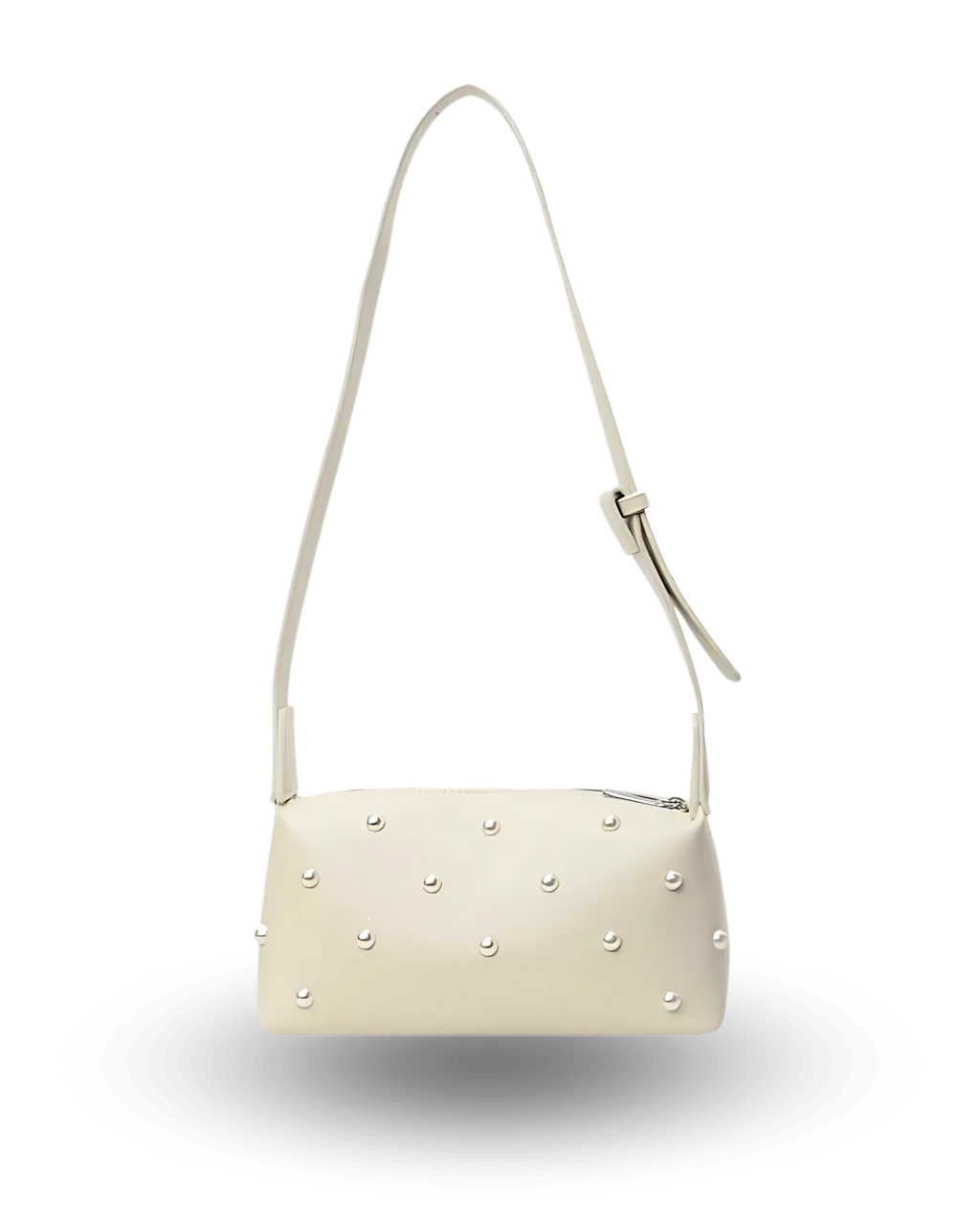 Stylish white shoulder bag with rectangular baguette shape, adjustable wide strap, and pearl-studded detailing — chic crossbody purse for women, perfect for casual or evening wear.