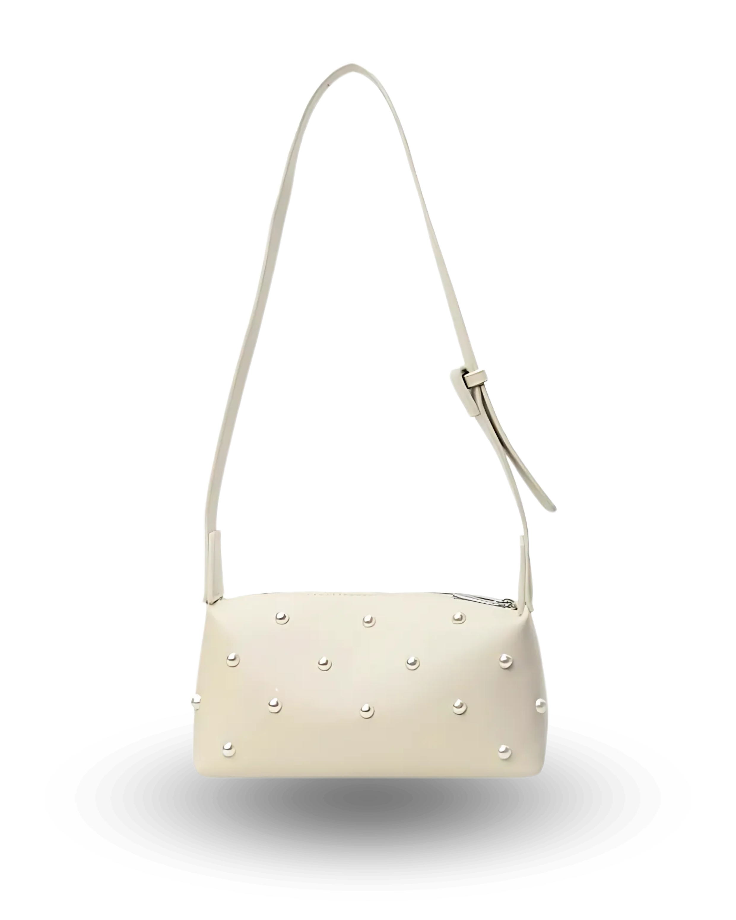 Stylish white shoulder bag with rectangular baguette shape, adjustable wide strap, and pearl-studded detailing — chic crossbody purse for women, perfect for casual or evening wear.