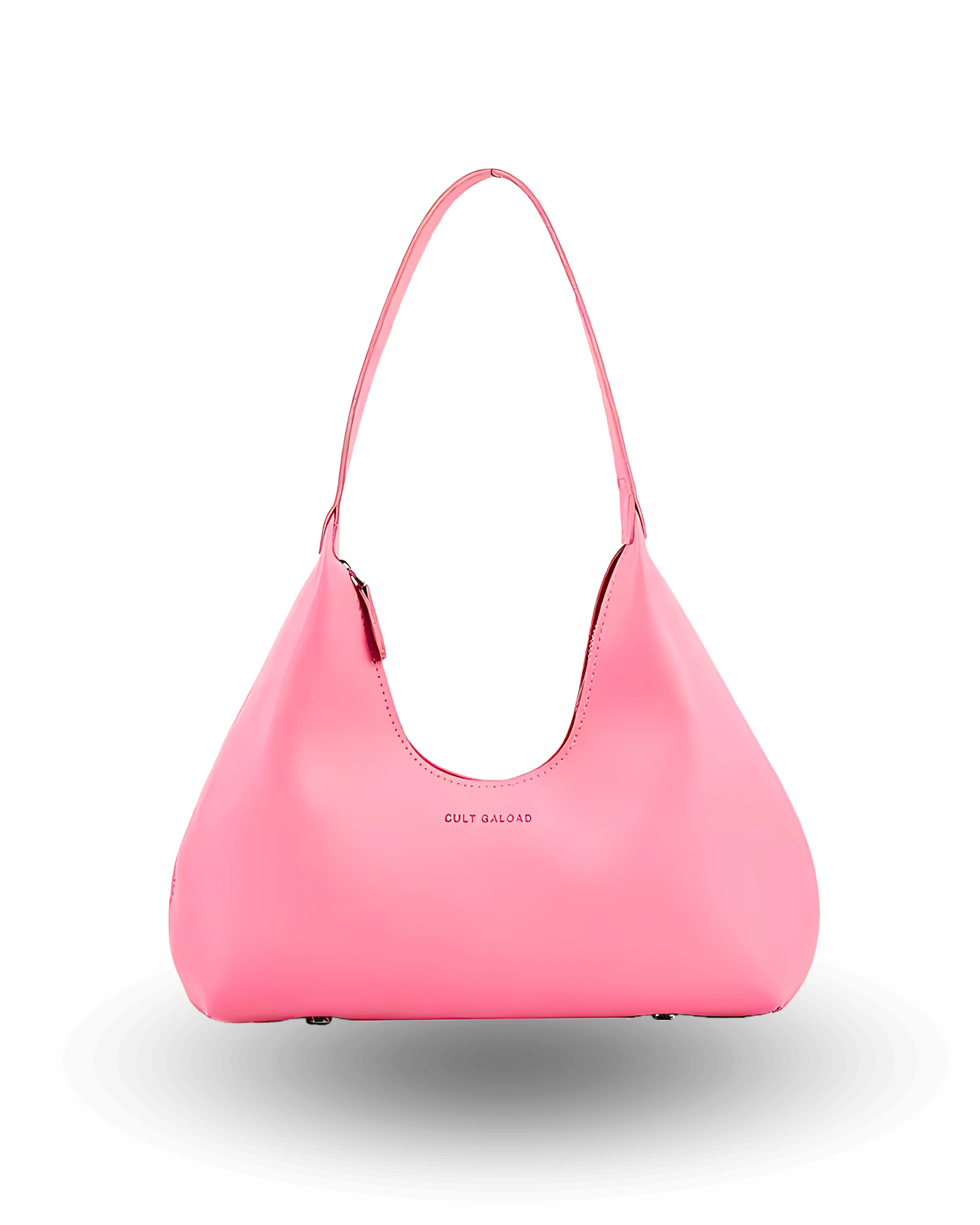 Pink crescent-shaped shoulder bag with single strap, minimalist design, and smooth vegan leather finish