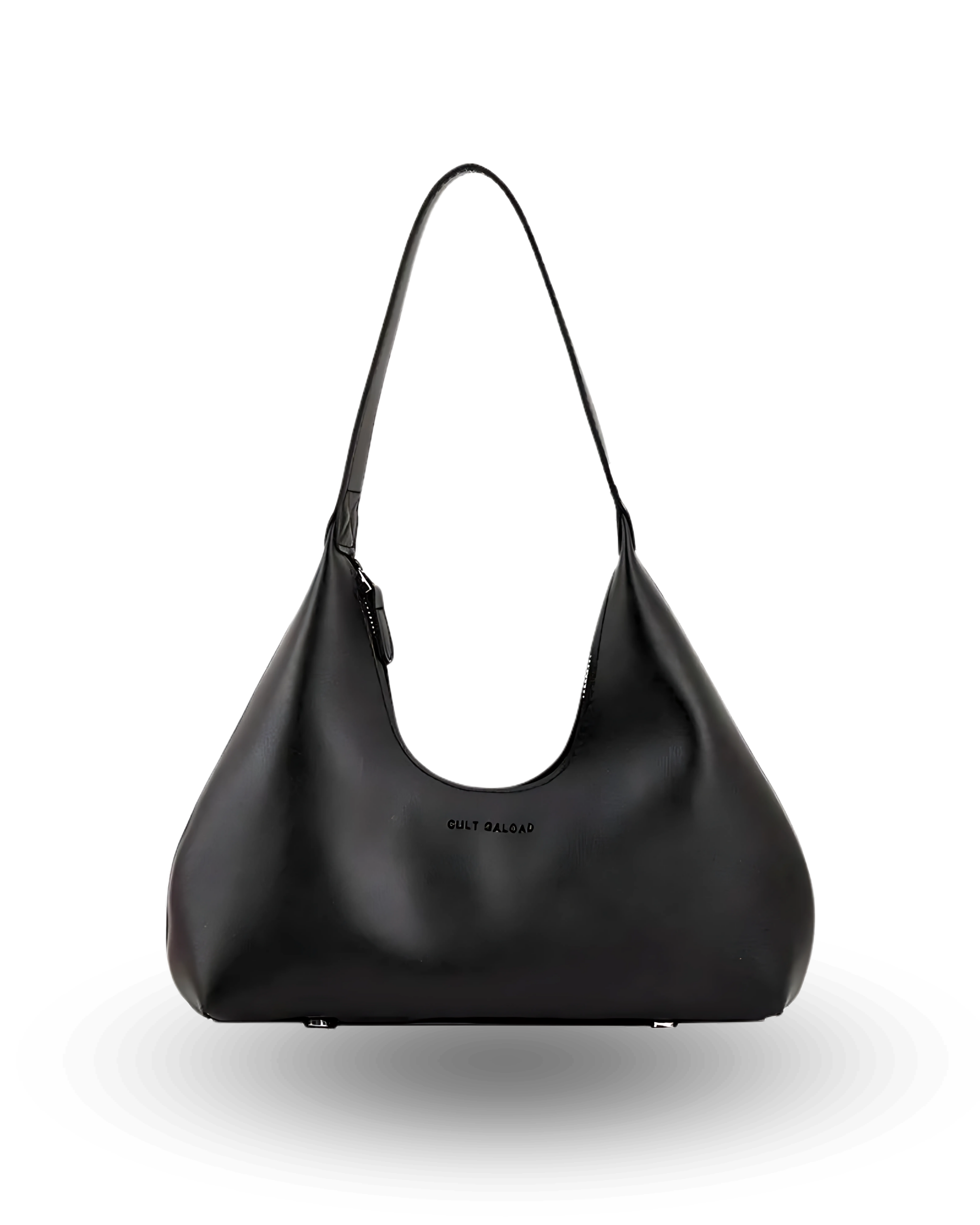Black crescent-shaped shoulder bag with single strap, minimalist design, and smooth vegan leather finish